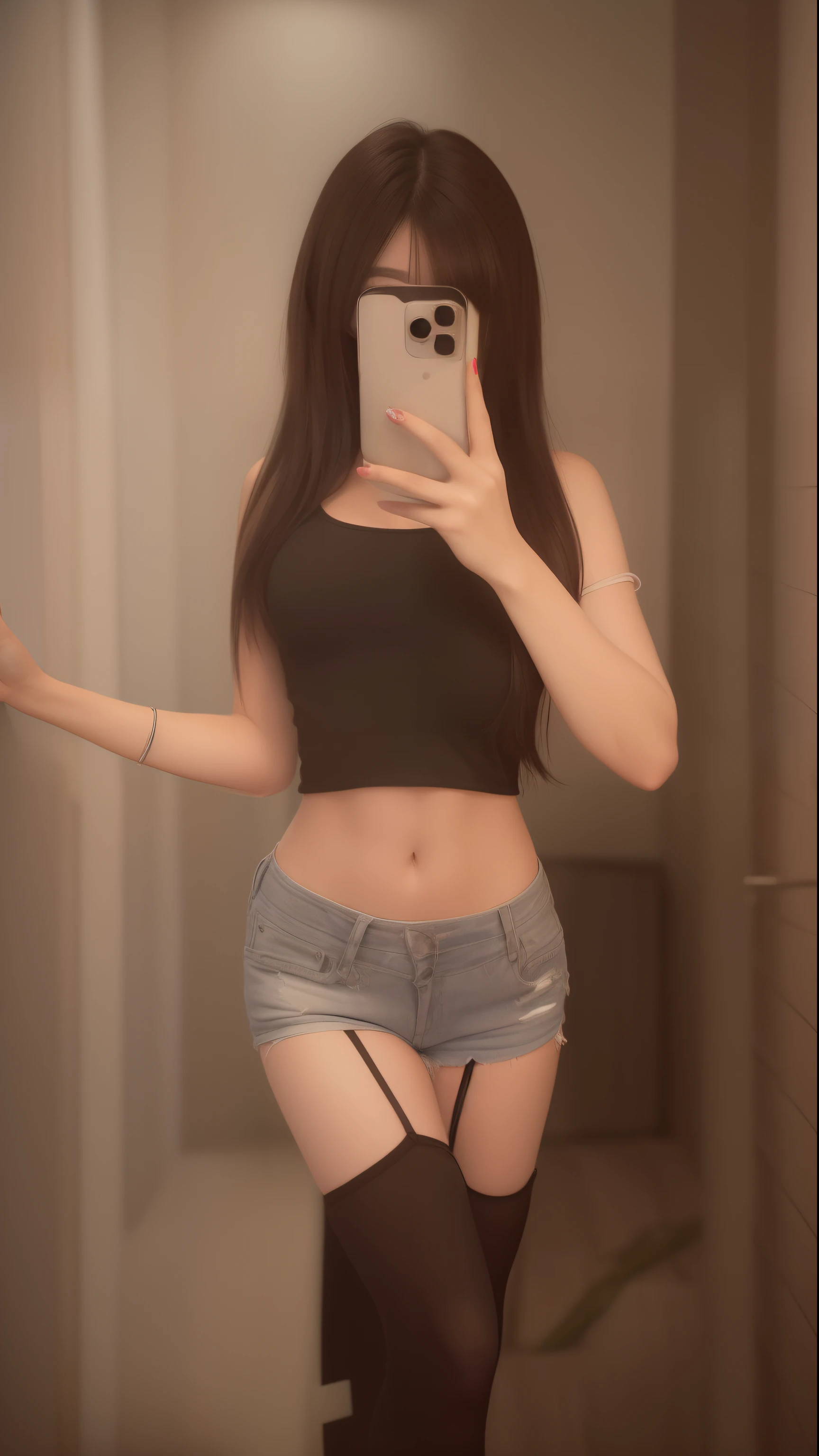 there is a woman that is taking a picture of herself, Her navel was exposed, 2 4 year old female model, Thin waist, photo of slim girl, skinny waist and thick hips, belly button showing, photo of slim girl model, waist - shot, Korean girl, half body crop, Big breasts Thin waist, beautiful midriff, wearing sexy cropped top