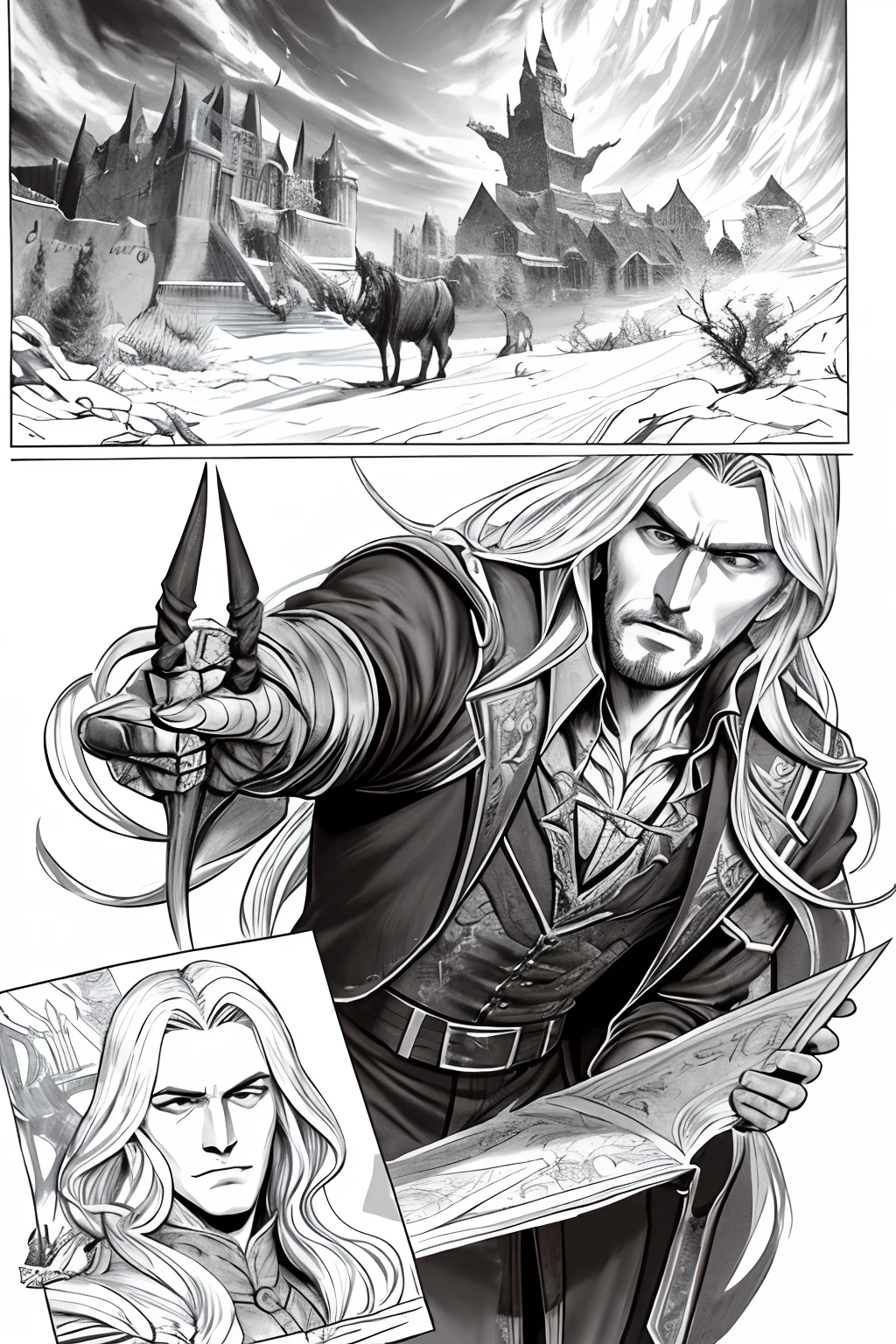 Castlevania Lord of the shadows hyper realistic super detailed Line art comics style