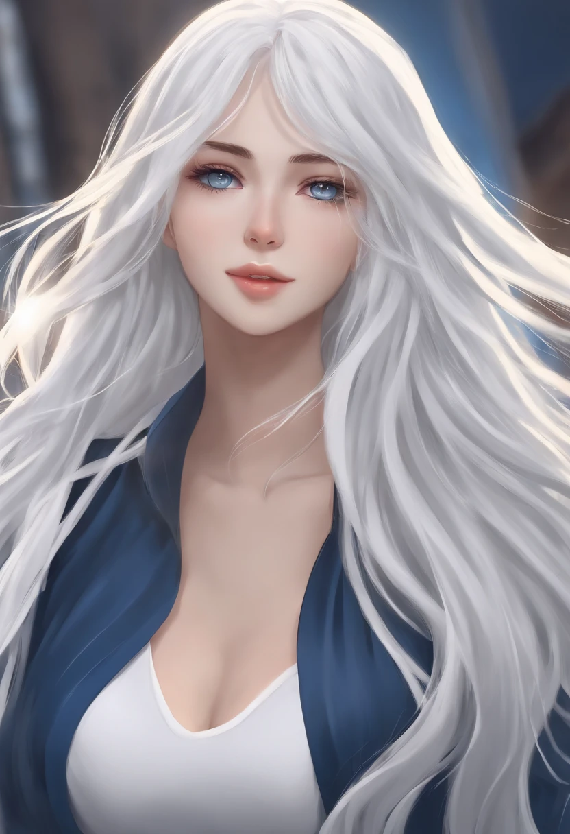 Woman with long white hair and blue eyes standing in the sky, Visuais de anime de garotas fofas, menina com cabelo branco, menina de cabelo grisalho perfeito, Deus dos Cabelos Brancos, cabelos brancos, kantai collection style, nuvens de anime, menina anime jovem, estilo de arte moe anime, anime melhor garota, (menina anime), uma garota de anime, cabelos brancos, flowing white hair, sem calcinha, aparecendo a parte intima de baixo