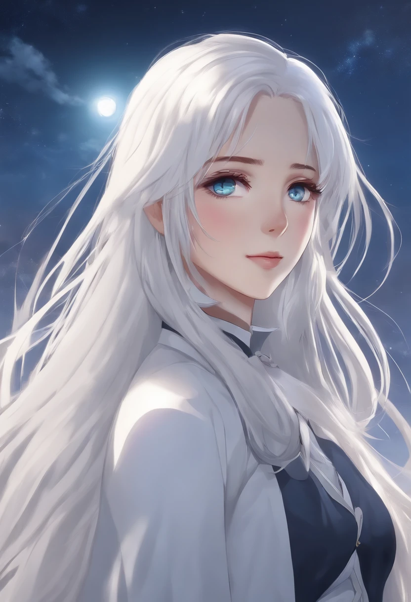Woman with long white hair and blue eyes standing in the sky, Visuais de anime de garotas fofas, com cabelo branco, meninabelo grisalho perfeito, Deus dos Cabelos Brancos, cabelos brancos, kantai collection style, nuvens de anime, menina anime, estilo de arte moe anime, anime melhor garota, (menina anime), umaa de anime, cabelos brancos, flowing white hair, sem calcinha, aparecendo a parte intima de baixo