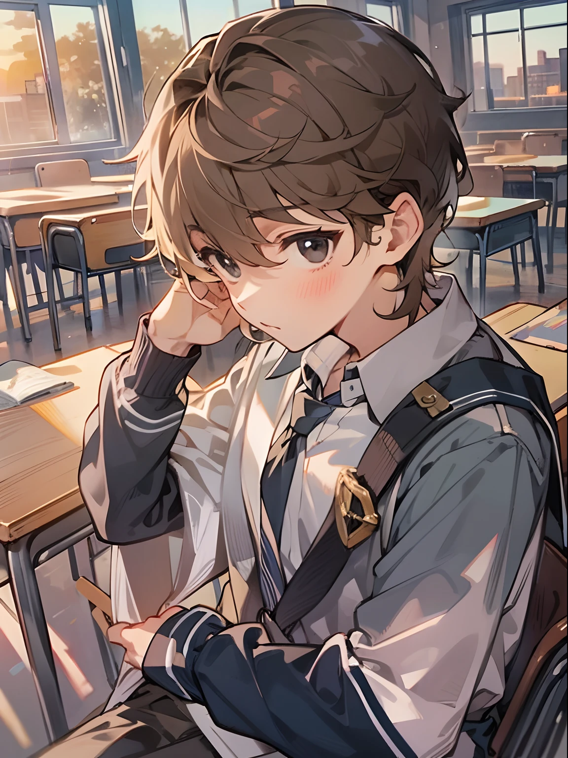 solo high school boy,navy brown short hair,side parted,black eyes,cool,school uniform,classroom,sunset,best quality++,beautiful eyes++,beautiful hair,black tone