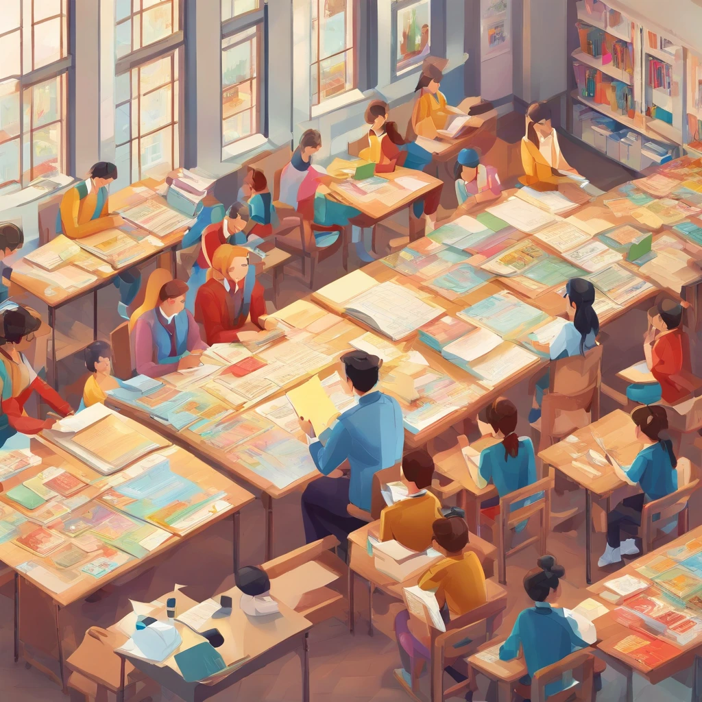 Quality first,masterpiece in detail,A teacher,Several students,Write and read,in class room,fresh flowers,Rich in color