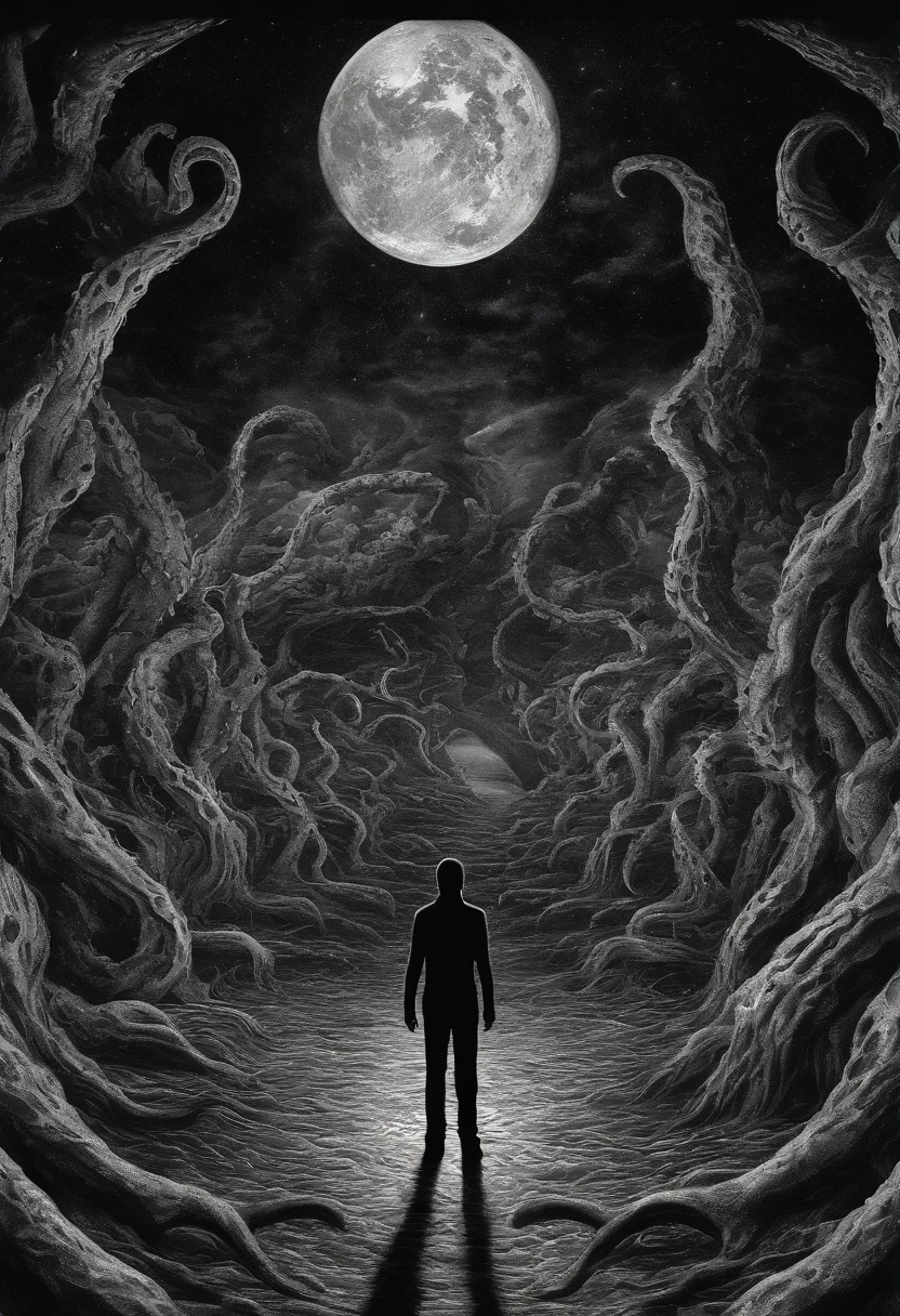 There is a planet in the middle, tentacles in universe, lovecraftian inspiration, Lovecraftian cosmic fear, lovecraftian hellscape, fantasy and cosmic horror movie, Lovecraftian atmosphere, lovecraftian, a planet in open space, no people in the photo