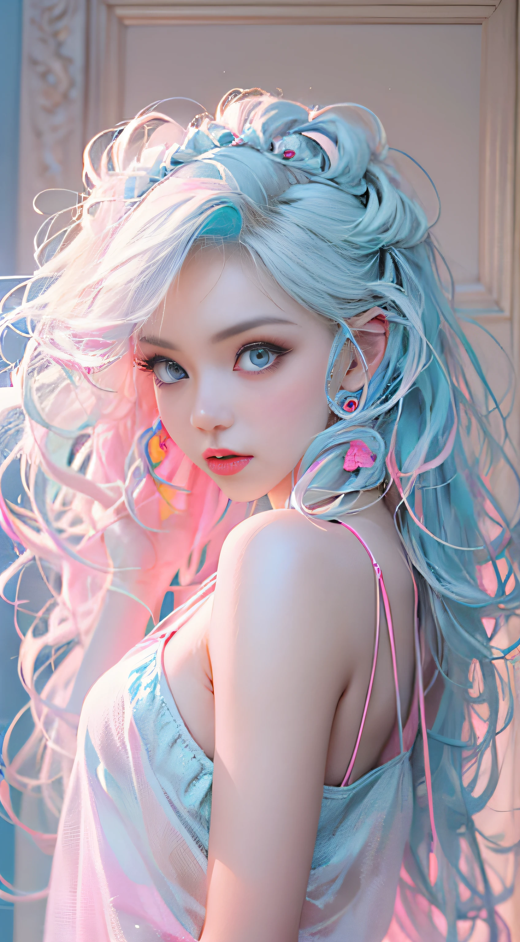 Light blue and pink color scheme,Sexy Girl ,tiny body,Petite,white curly hair, Colorful colored camisole