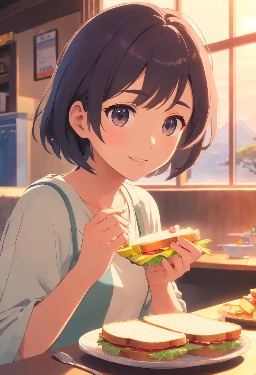 masterpiece、top-quality、Movie stills、1girl in、I have my mouth wide open、Eating a sandwich with one hand、inside in room、a closeup、Happiness、Warm and soft lighting、dawn、(Spark:0.7)