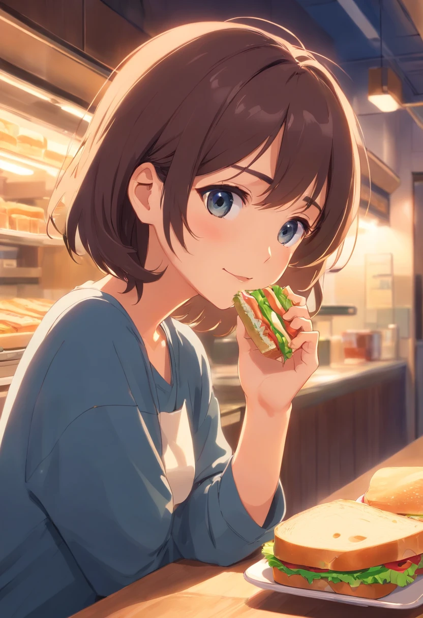 masterpiece、top-quality、Movie stills、1girl in、I have my mouth wide open、Eating a sandwich with one hand、inside in room、a closeup、Happiness、Warm and soft lighting、dawn、(Spark:0.7)