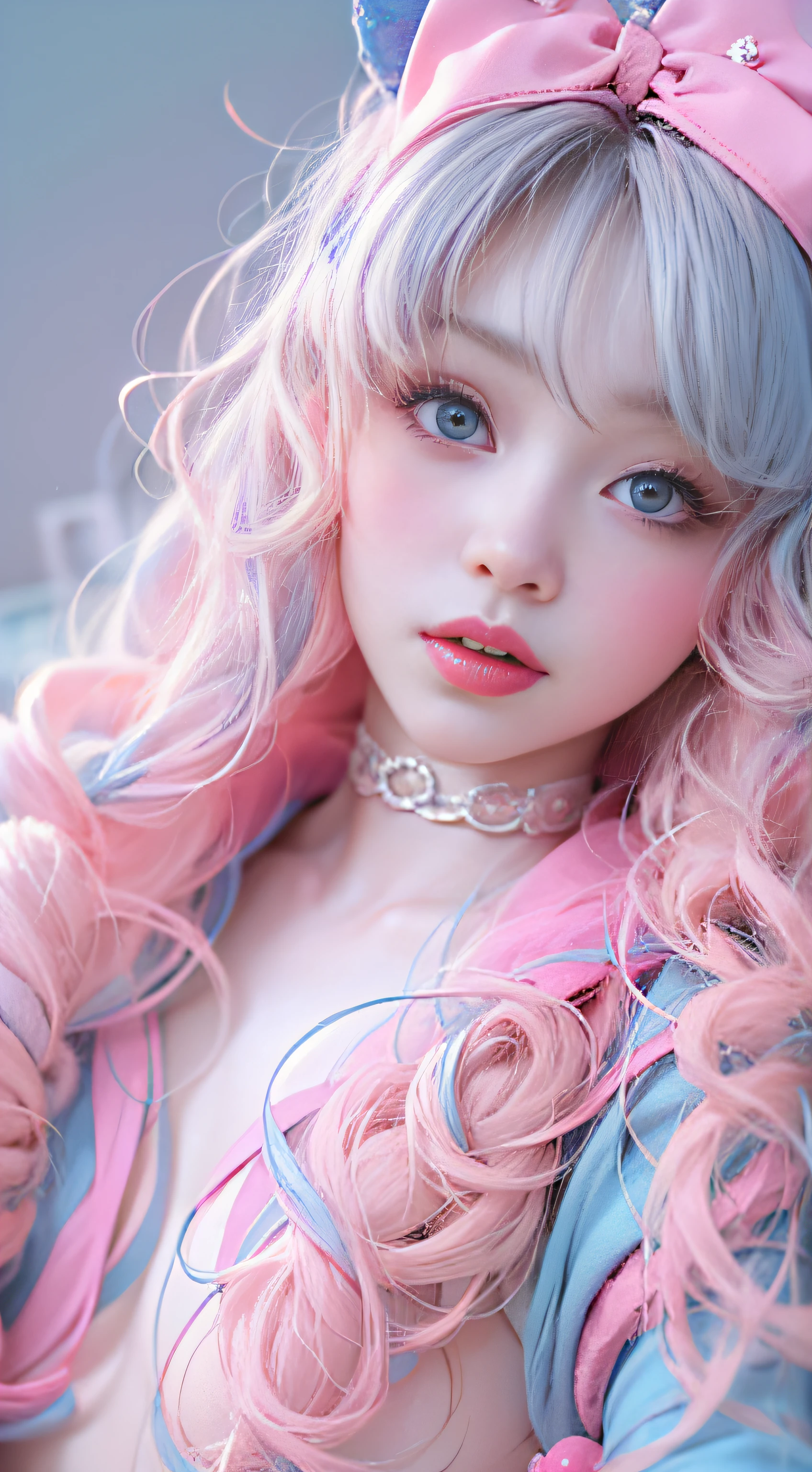 Light blue and pink color scheme,Sexy girl nipples,tiny body,Petite,white curly hair