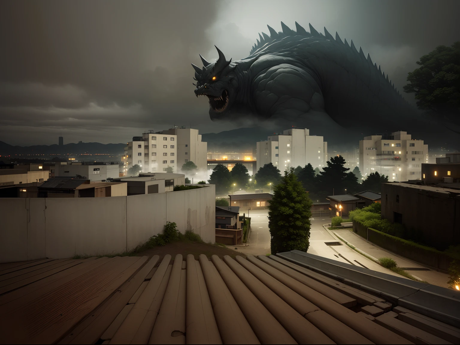((Gigantic monster)), kaiju, cyberpunk style ((city)), ((dense mist)) and elements of rust and decay to create an oppressive atmosphere, Use distorted camera angles and unusual framing to convey the sense of disorientation and terror characteristic of the Silent Hill universe, Detailed, Extremely Detailed, Ambient Soft Lighting, 4K,Blurry, Blurry Background, Depth of Field, Bokeh, DOF, Fog, Bloom Outdoors, (Nature, fantasy forest:1.2), (Rocks:1.2), dark, rainy, dull, pale, faded, disgusting, ugly (fog=,