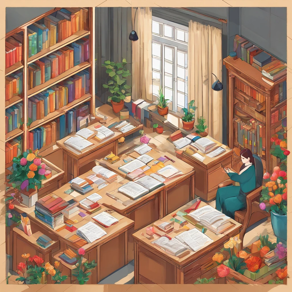 Quality first,masterpiece in detail,A teacher,Several students,Write and read,in class room,fresh flowers,Rich in color