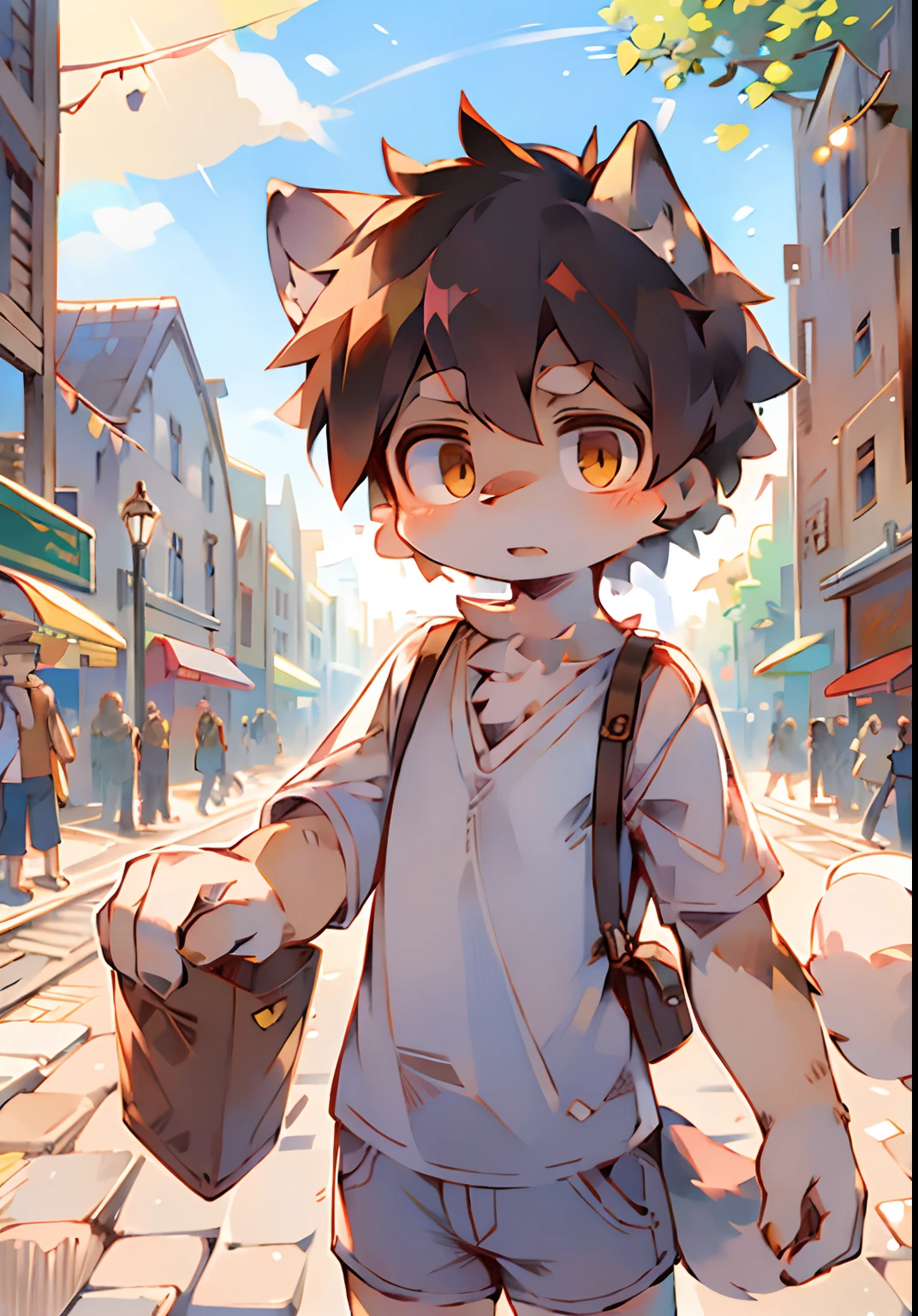 The streets of London at the beginning of the twentieth century,Cute little wolf,Libido boy,Slim figure,pale gray fur,Bright morning sun,Brown newsboy hat,white short blouse,brown shorts,Sell moe,Bright and smart eyes(A masterpiece)(high qulity)(Clear structure)(Clear lines)(Background of extreme detail)(extremelydetailedcharacter)
