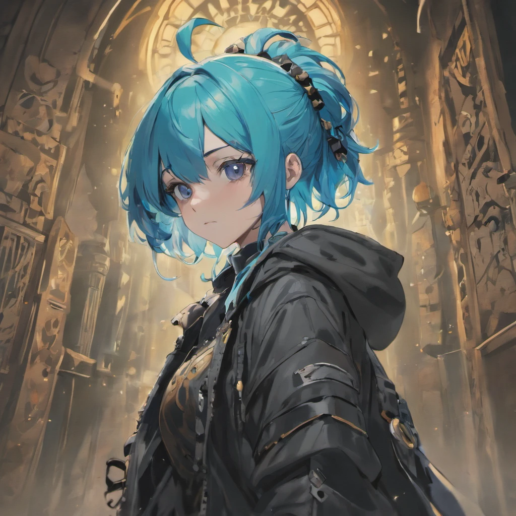 ((Best Quality)), ((Masterpiece)), ((Realistic)) and ultra-detailed photography of a 1nerdy girl with goth . She has ((blue hair)), wears a army jacket and exudes a vibe ((beautiful and aesthetic)), sexy, underboobs, hot