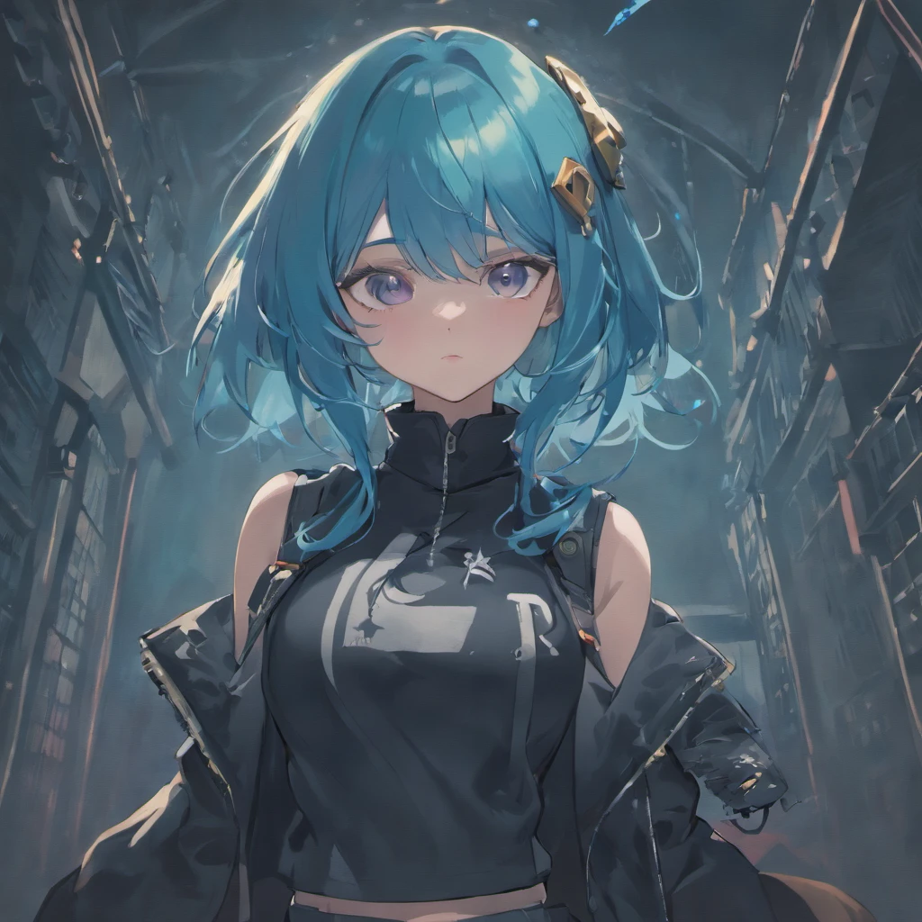 ((Best Quality)), ((Masterpiece)), ((Realistic)) and ultra-detailed photography of a 1nerdy girl with goth . She has ((blue hair)), wears a army jacket and exudes a vibe ((beautiful and aesthetic)), sexy, underboobs, hot