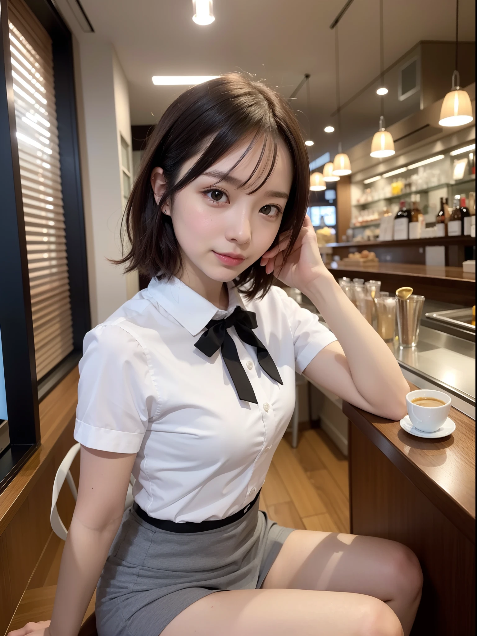 (highest quality,masterpiece:1.3,ultra high resolution,),(Super detailed,caustics),(Photoreal:1.4,RAW shooting,)ultra-realistic capture,very detailed,High resolution 16K human skin close-up。 natural skin texture、,The pores are、、、、Must be detailed enough to be easily identified。 Skin should look even-toned and healthy。 Use natural light and color,restaurant,waitress uniform,1 girl,Japanese,18-year-old,cute,black haired,ponytail,big breasts,smile,turn your body forward,(Front view:1.1),look at the camera,cowboy shot,