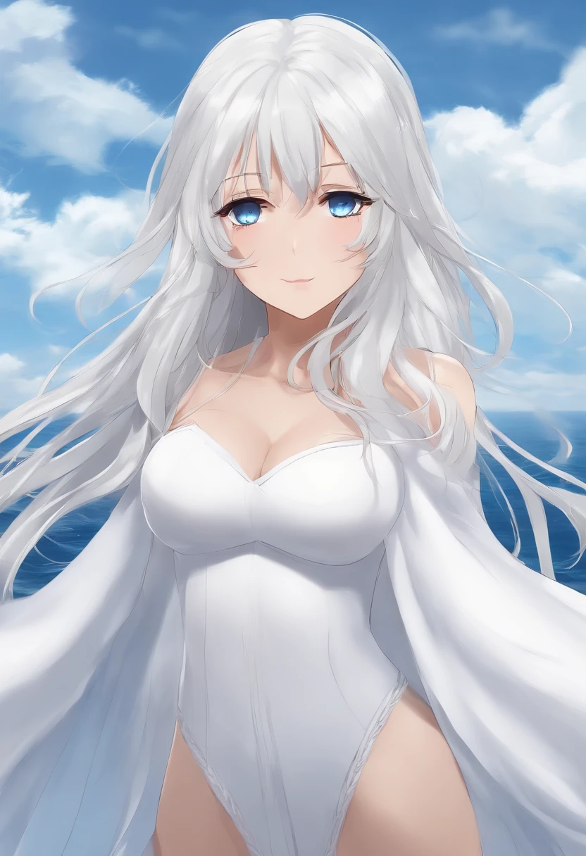 Woman with long white hair and blue eyes standing in the sky and no panties, Visuais de anime de garotas fofas, menina com cabelo branco, menina de cabelo grisalho perfeito, Deus dos Cabelos Brancos, cabelos brancos, kantai collection style, nuvens de anime, menina anime jovem, estilo de arte moe anime, anime melhor garota, (menina anime), uma garota de anime, cabelos brancos, flowing white hair