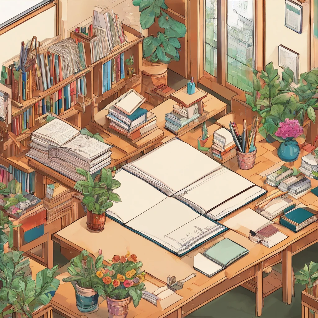 Quality first,masterpiece in detail,A teacher,Several students,Write and read,in class room,fresh flowers,Rich in color
