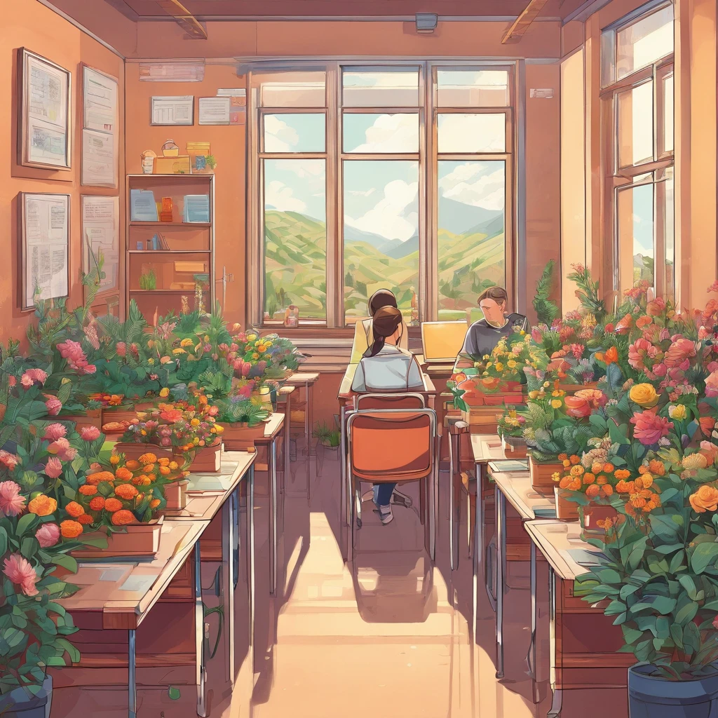 Quality first,masterpiece in detail,A teacher,Several students,Write and read,in class room,fresh flowers,Rich in color