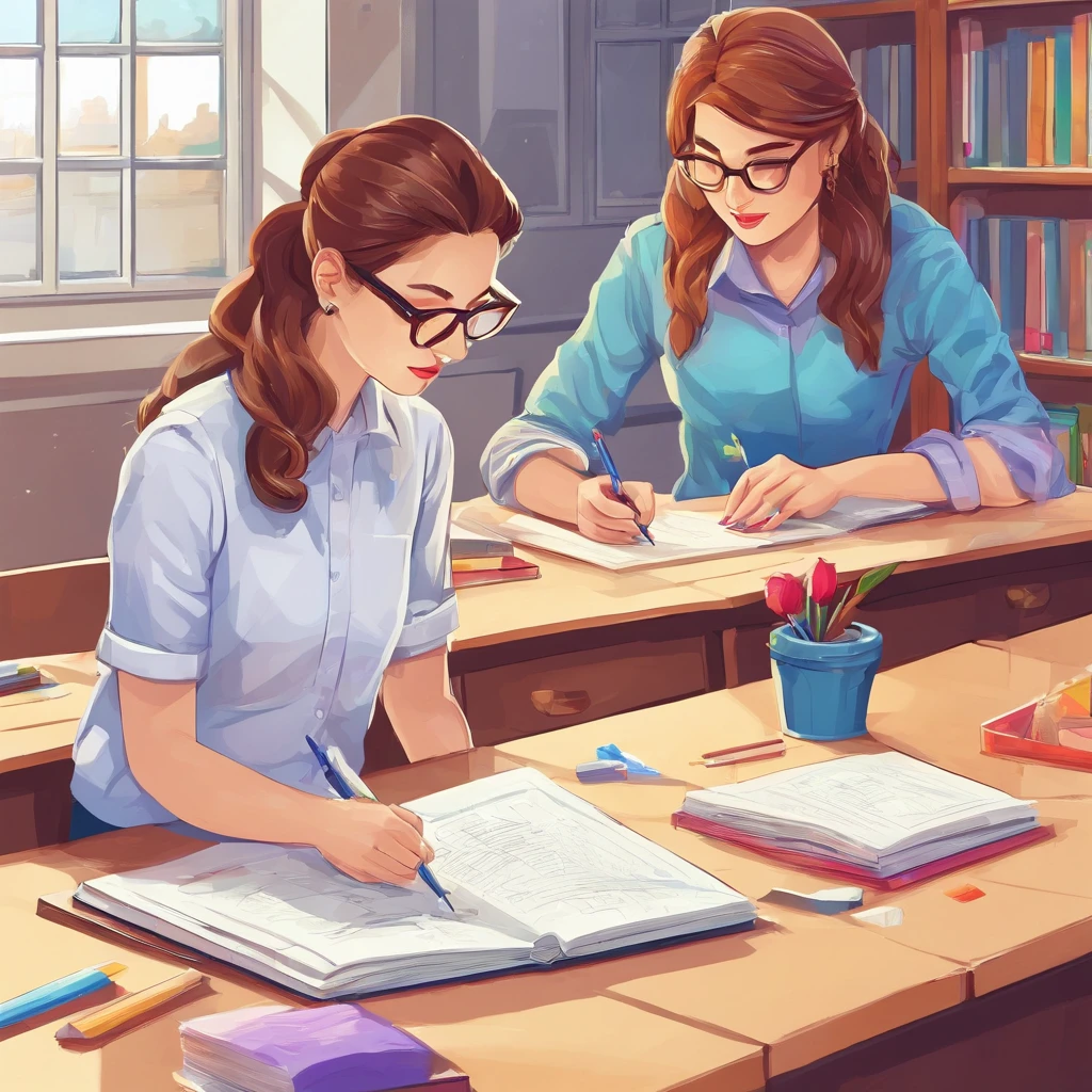 Quality first,masterpiece in detail,A teacher,Several students,Write and read,in class room,fresh flowers,Rich in color