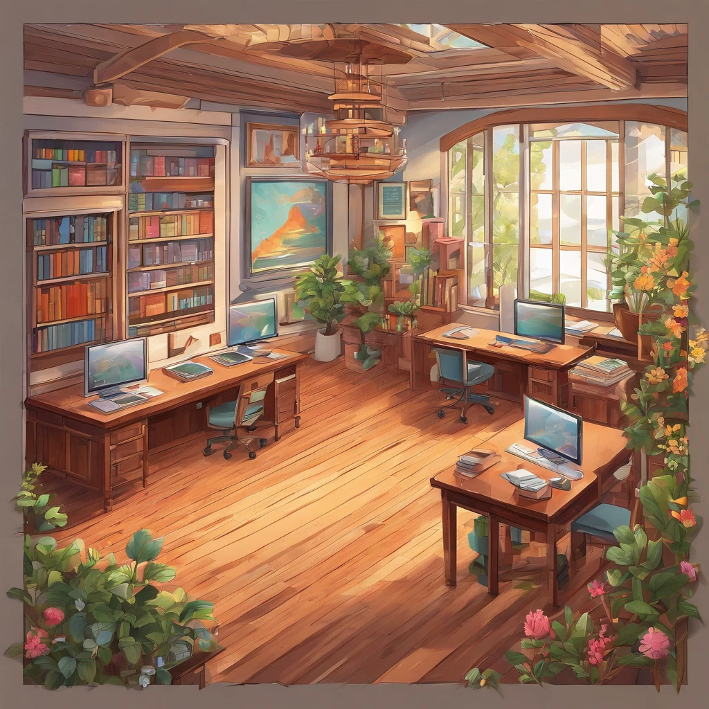 Quality first,masterpiece in detail,A teacher,Several students,Write and read,in class room,fresh flowers,Rich in color
