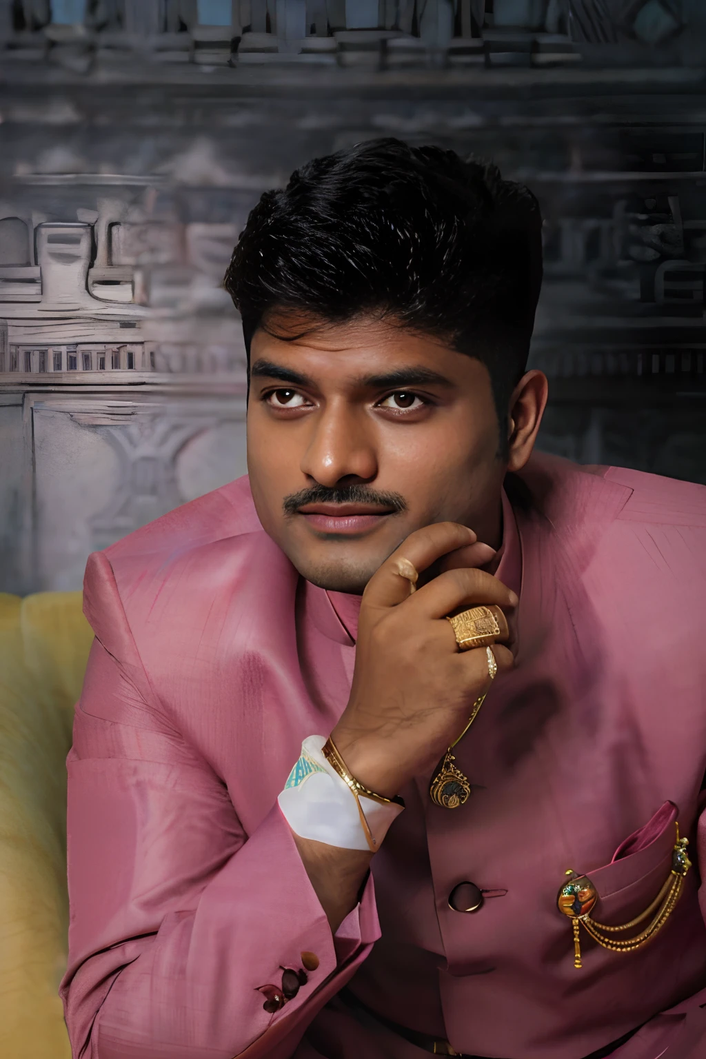 there is a man in a pink suit sitting on a couch, jayison devadas, dressed in a jodhpuri suit, inspired by Kailash Chandra Meher, vastayan, inspired by Saurabh Jethani, johnatan wayshak, photo of a man, mogul khan, inspired by Rajesh Soni, shot on nikon z9, indian