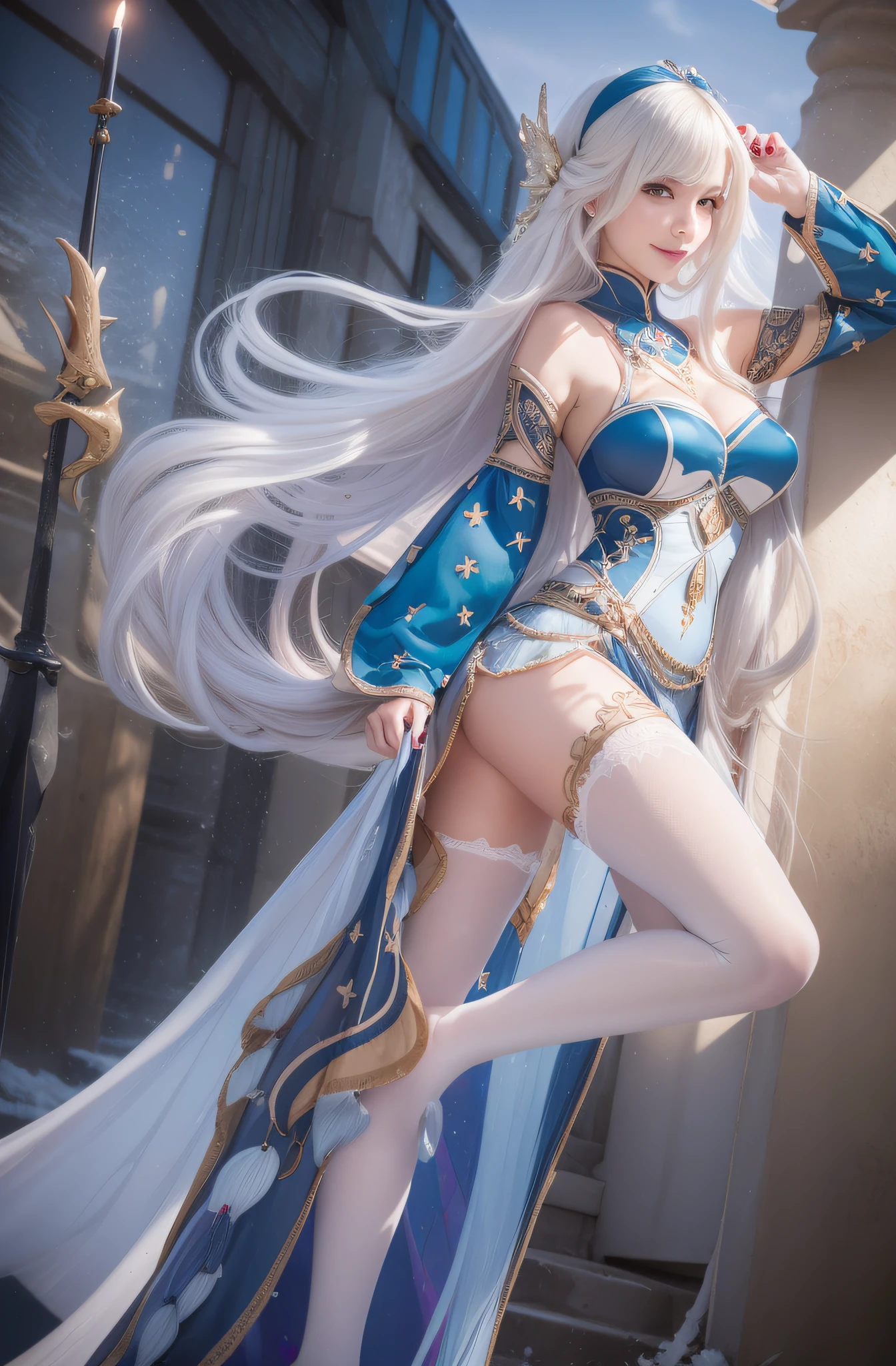 masterpiece, white long hair, wearing blue navy dress elegant, beautiful face, blue nail polish, glare, smile, trident mermaid headband, photorealistic