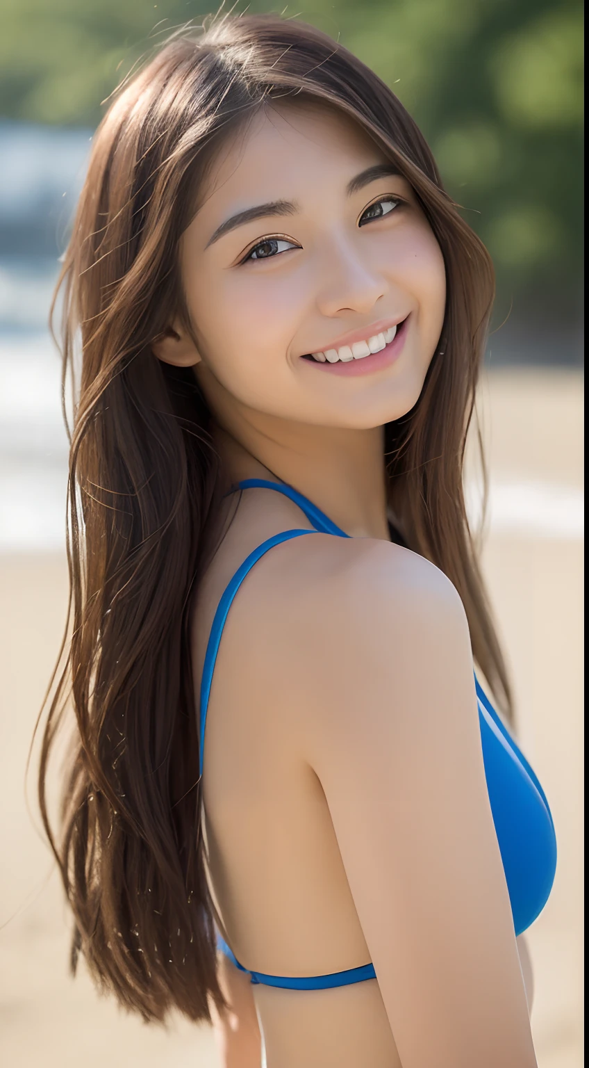 ((top-quality、8K、masterpiece、:1.3))、1girl in、A smile、full body Esbian、Slim Faces、Pretty women、(dark brown hair)、swim wears:1.1、Super Detailed Face、detailedeyes、二重まぶた、blurry backround、Slim Faces、mare、appearance、Facing the front,The bikini,sand beach