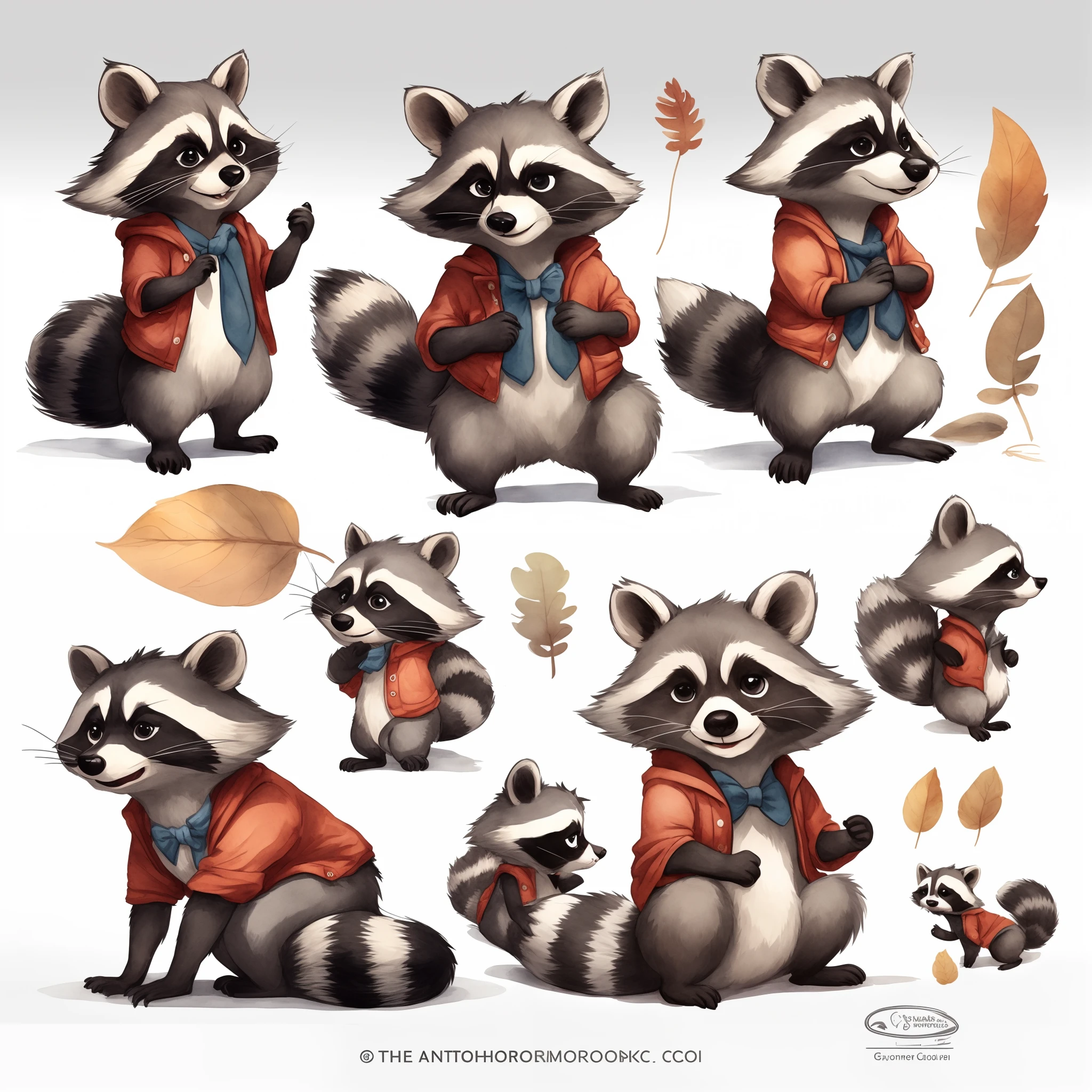 Cute little anthropomorphic raccoon on two legs in different poses, gray fur without clothes, Character Sheet, Multiple postures and facial expressions, watercolour, kids book illustration