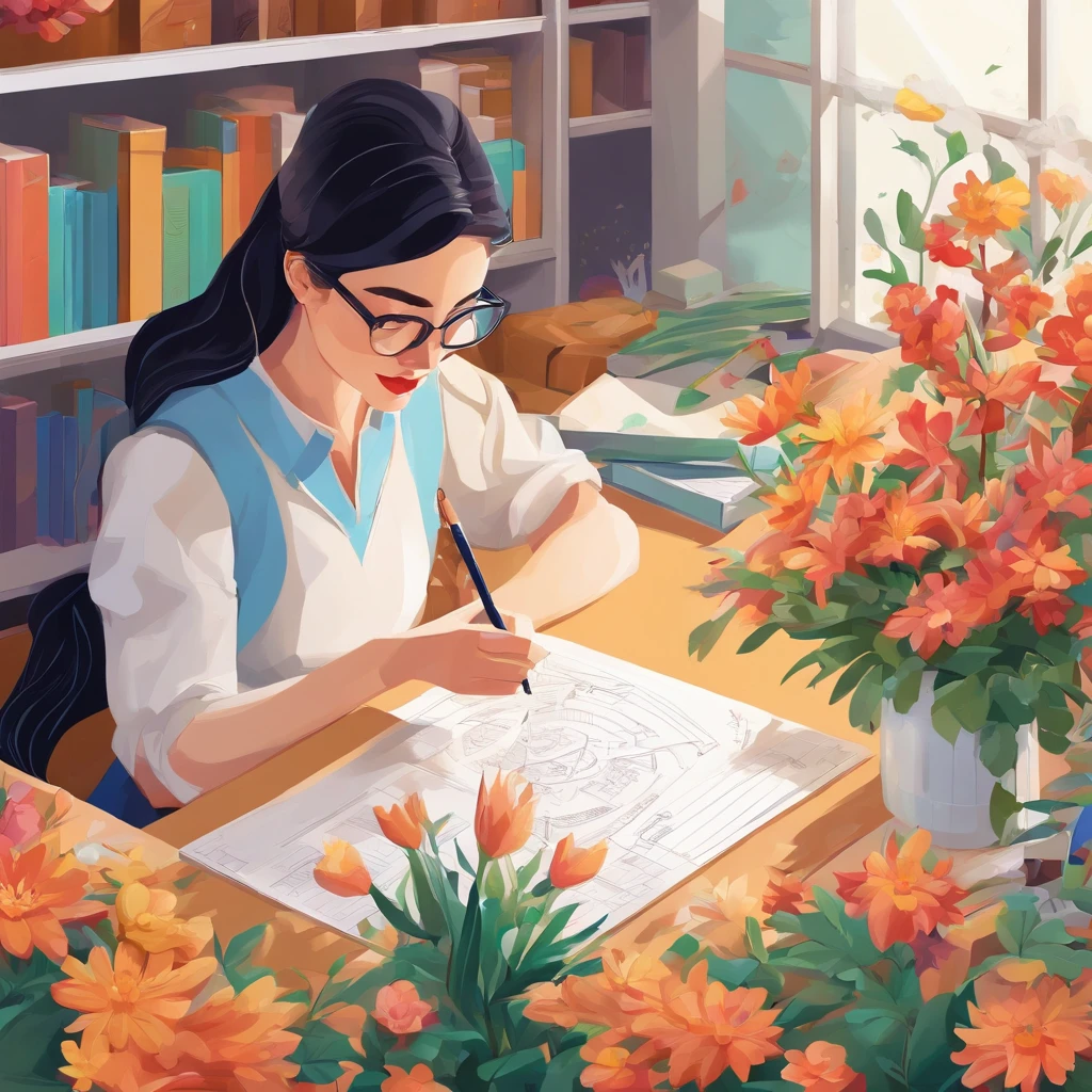 Quality first,masterpiece in detail,A teacher,Several students,Write and read,in class room,fresh flowers,Rich in color