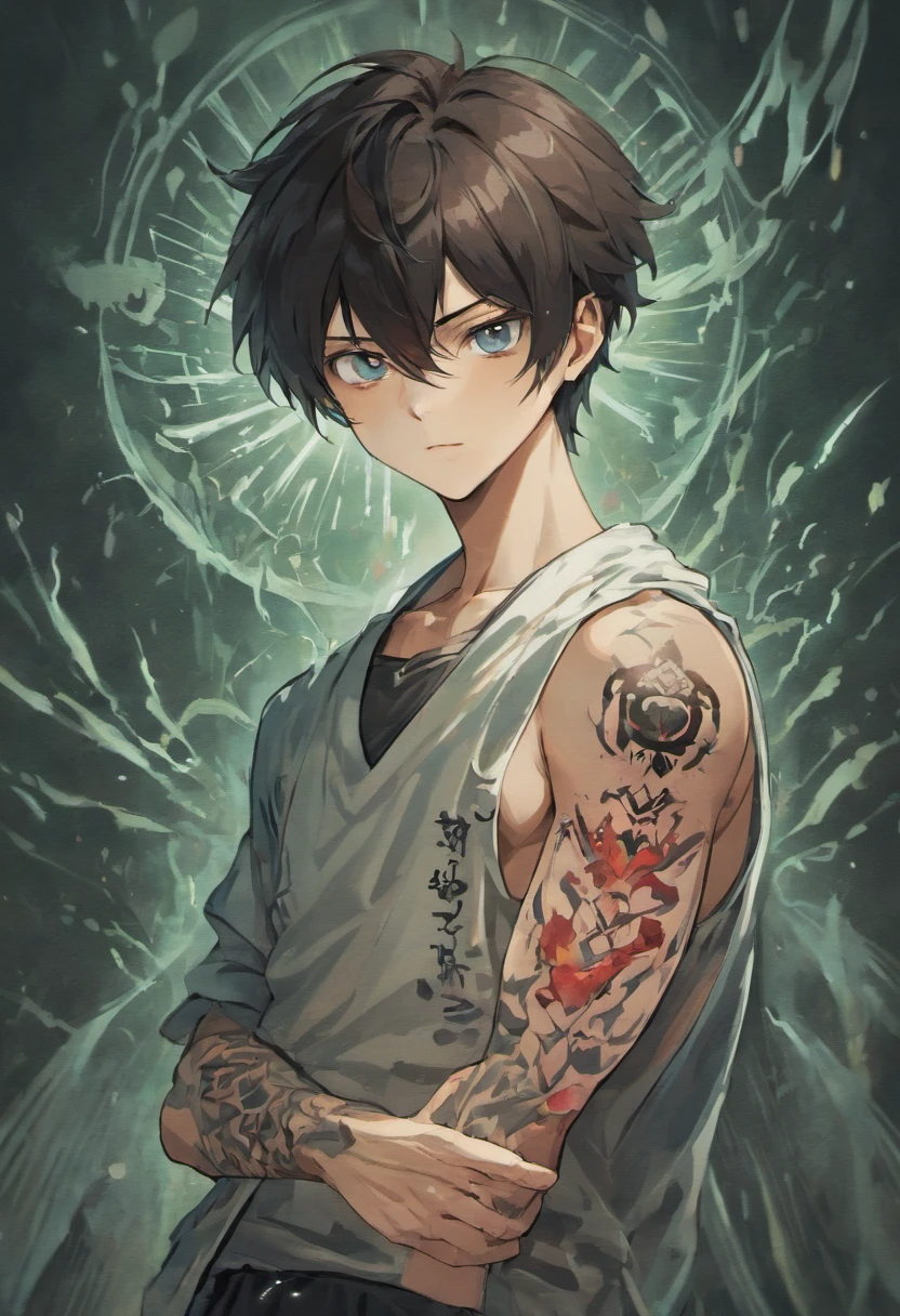 anime man with dark hair and light-colored eyes. He’s a cult leader with tattoos and draped in bandages.