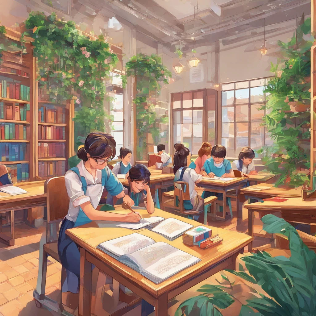 Quality first,masterpiece in detail,A teacher,Several students,Write and read,in class room,fresh flowers,Rich in color