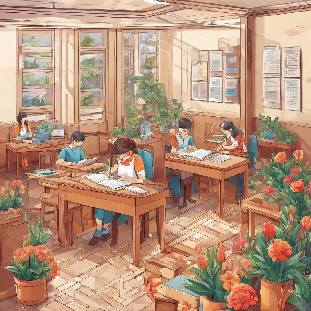 Quality first,masterpiece in detail,A teacher,Several students,Write and read,in class room,fresh flowers,Rich in color