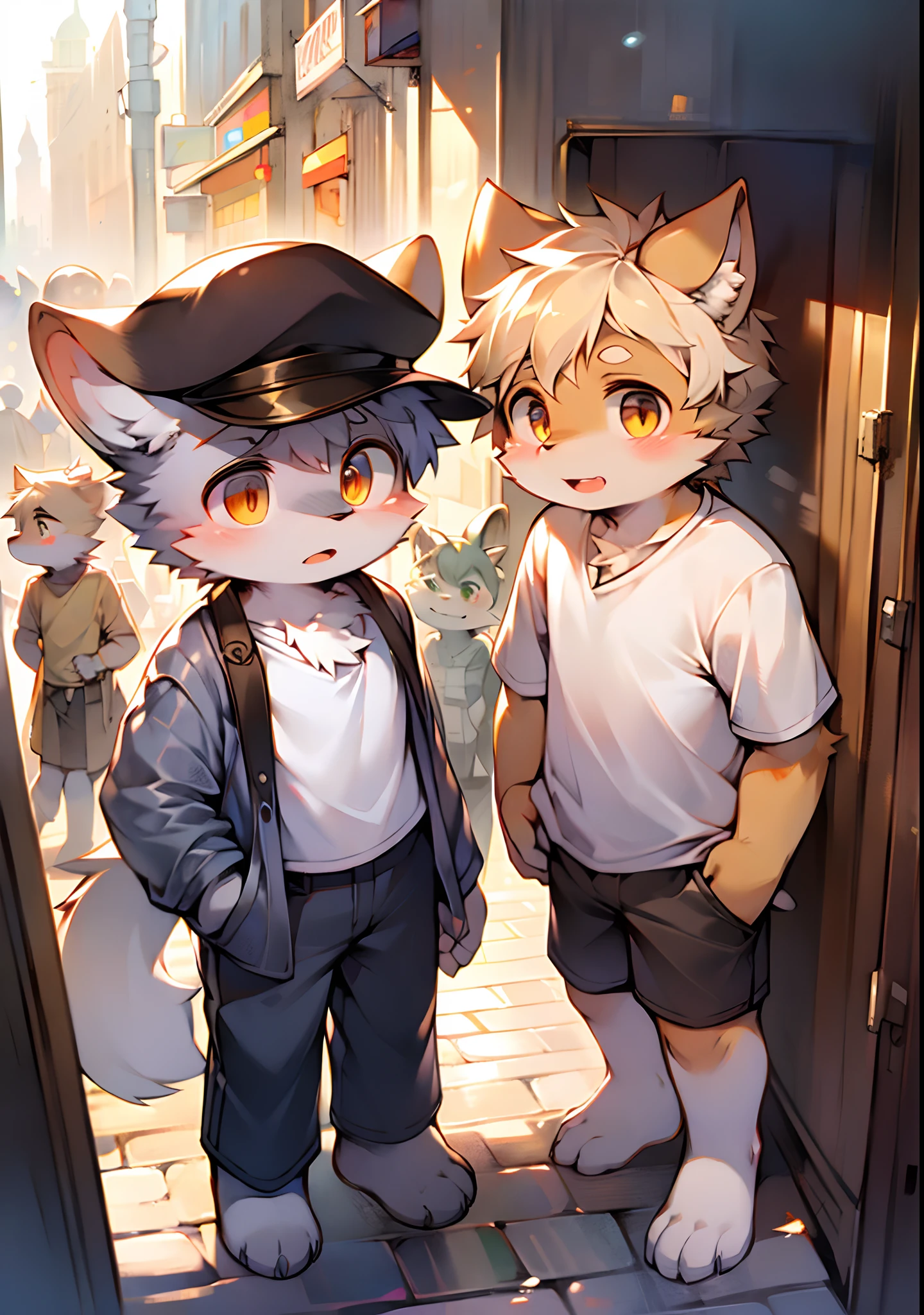 The streets of London at the beginning of the twentieth century,Cute little wolf,Libido boy,Slim figure,pale gray fur,Bright morning sun,Brown newsboy hat,white short blouse,brown shorts,Sell moe,Bright and smart eyes(A masterpiece)(high qulity)(Clear structure)(Clear lines)(Background of extreme detail)(extremelydetailedcharacter)