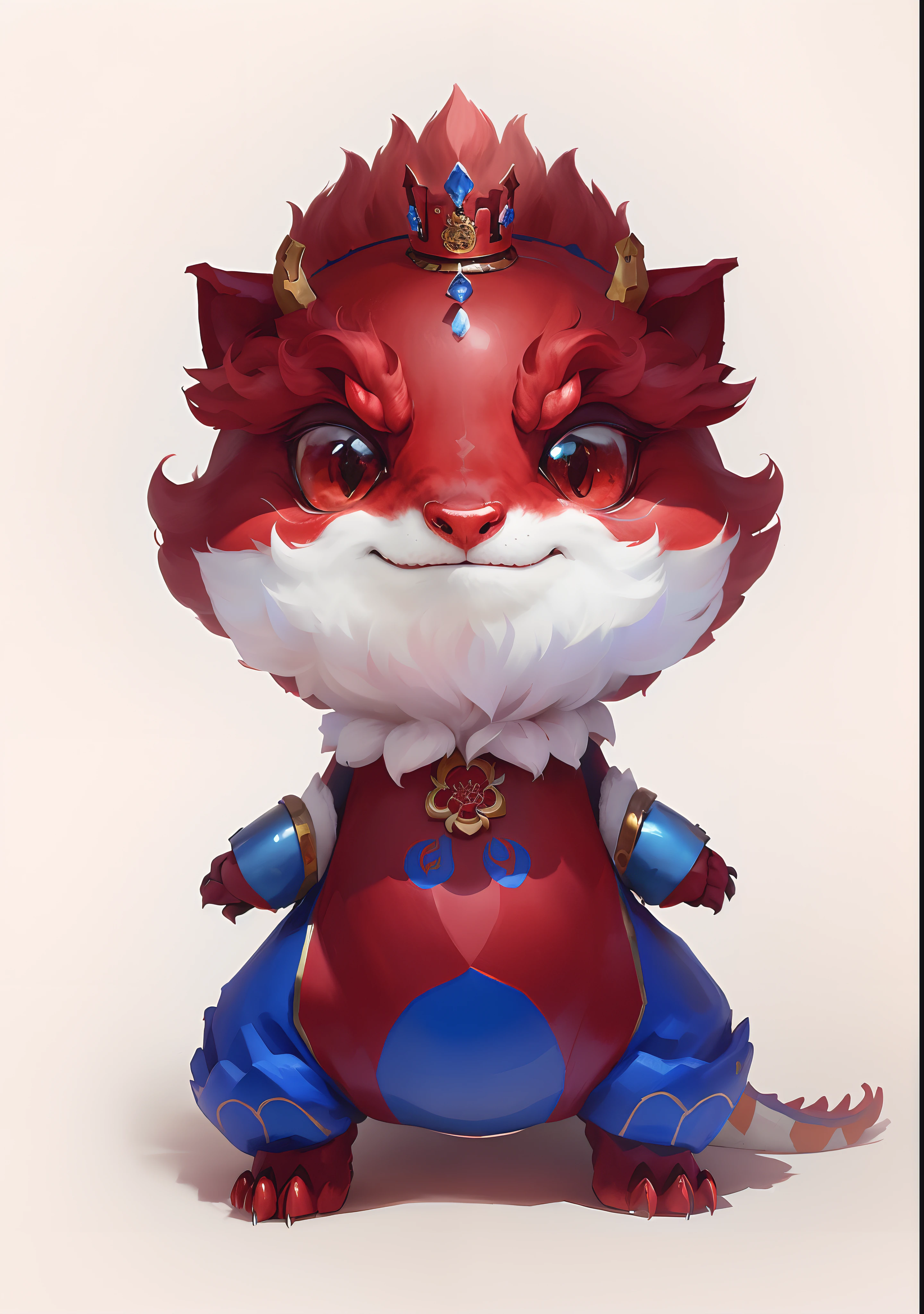 Cartoon of a red dragon with a blue crown on its head, cute little dragon, as an anthropomorphic dragon, inspired by Park Hua, drak, smooth chinese dragon, anthropomorphic dragon, dragon-shaped human, inspired by Gong Xian, inspired by Li Mei-shu, but as an anthropomorphic dragon, advanced digital chibi art，8K，OC rendering，Red and gold color scheme，high definition detail，The blue part is replaced with gold