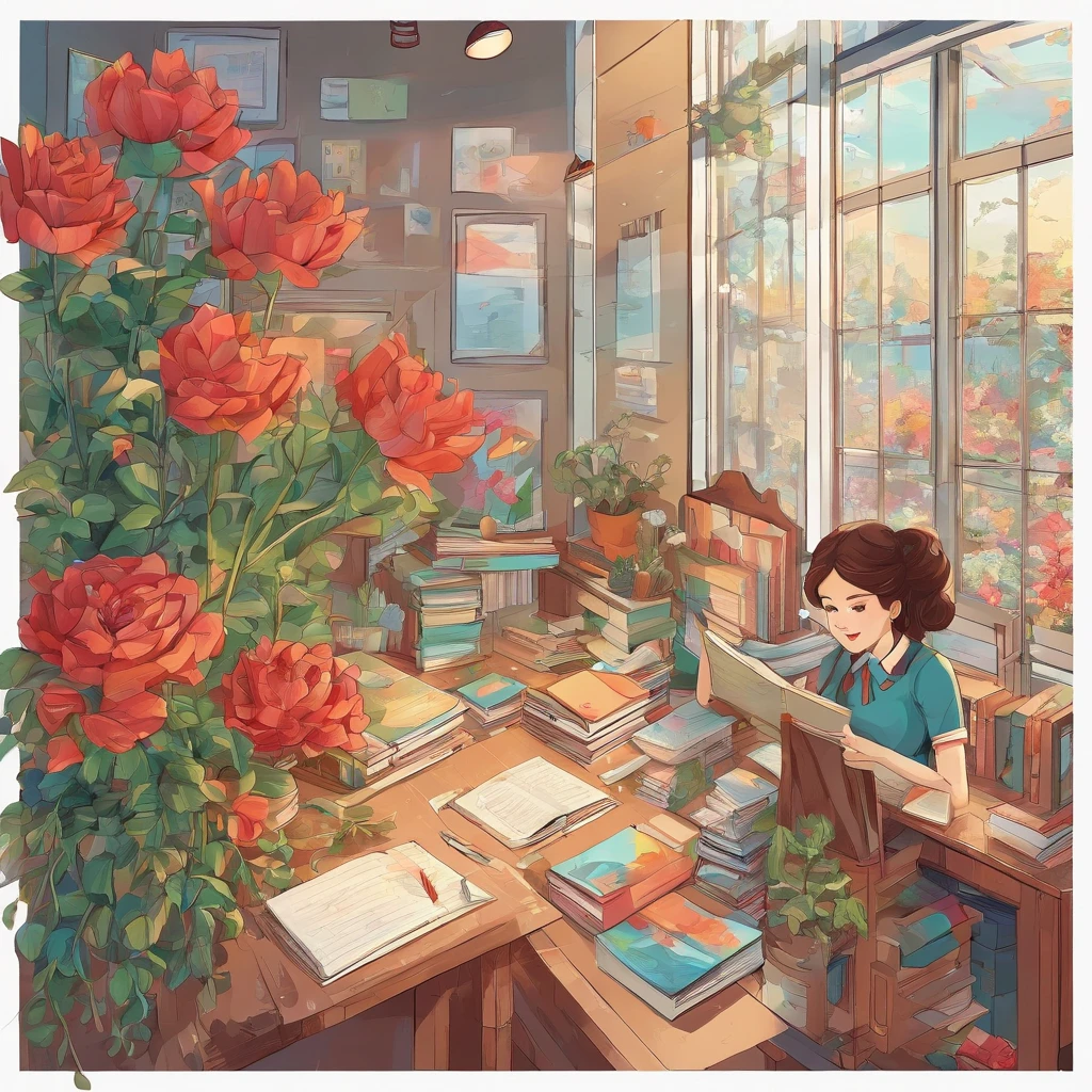 Quality first,masterpiece in detail,A teacher,Several students,Write and read,in class room,fresh flowers,Rich in color