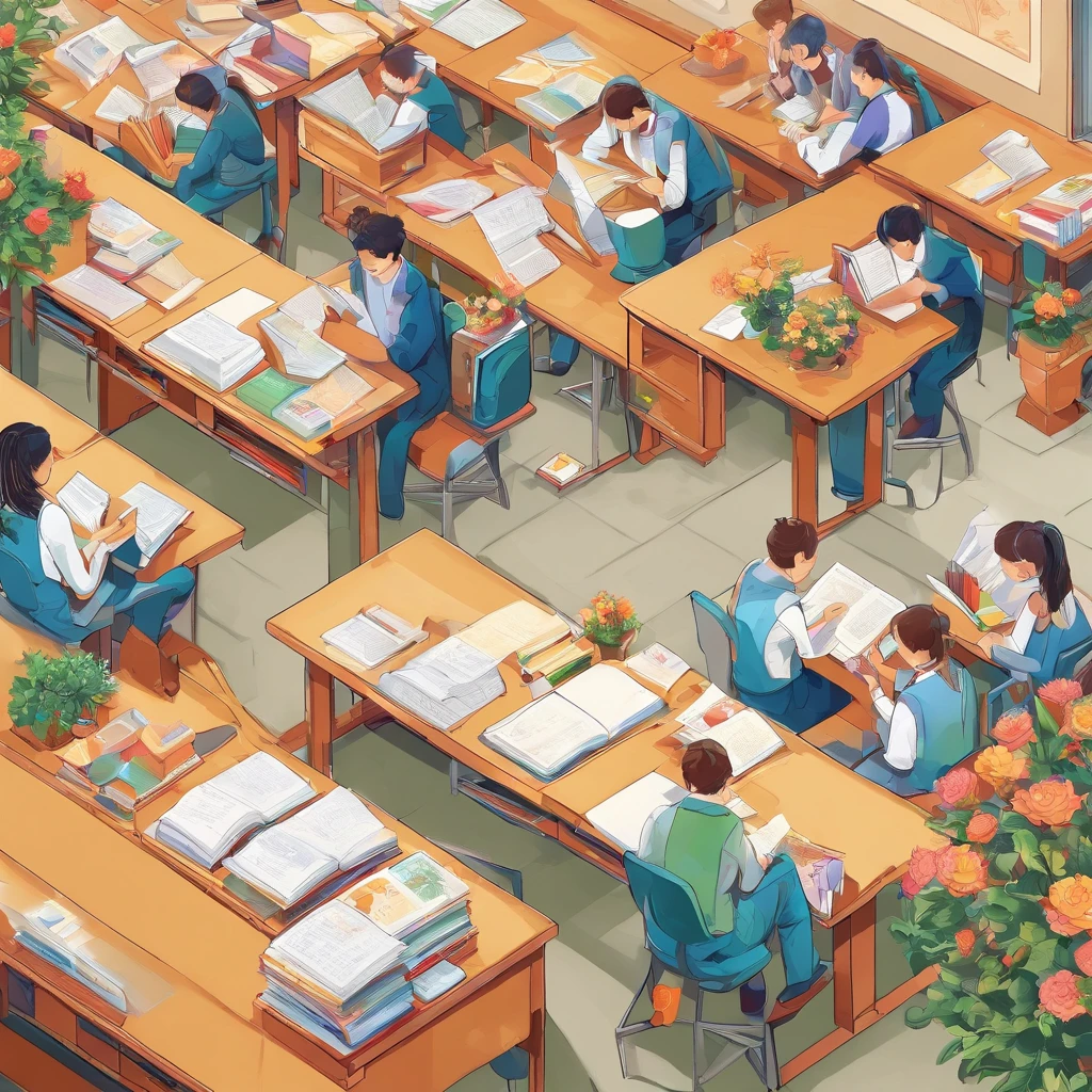 Quality first,masterpiece in detail,A teacher,Several students,Write and read,in class room,fresh flowers,Rich in color