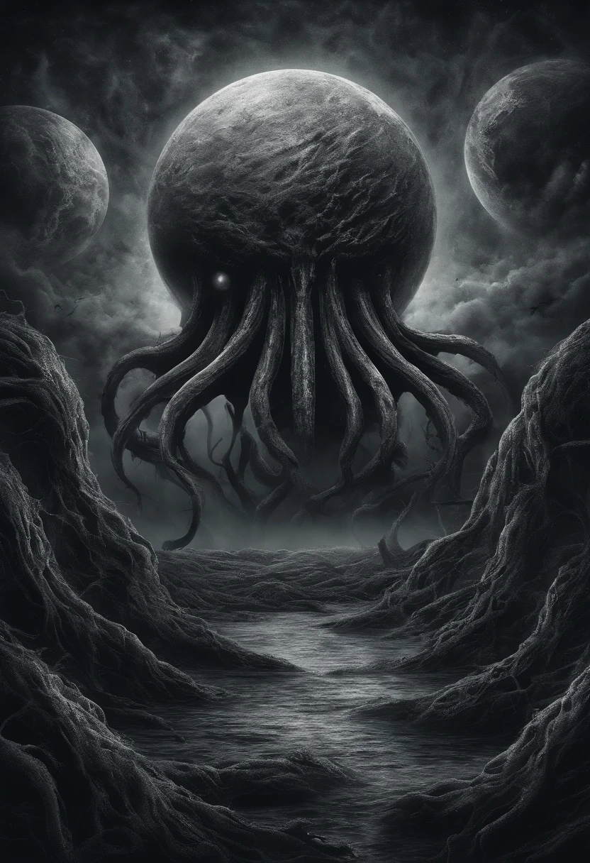 There is a planet in the middle, tentacles in universe, lovecraftian inspiration, Lovecraftian cosmic fear, lovecraftian hellscape, fantasy and cosmic horror, Lovecraftian atmosphere, lovecraftian, a planet in open space