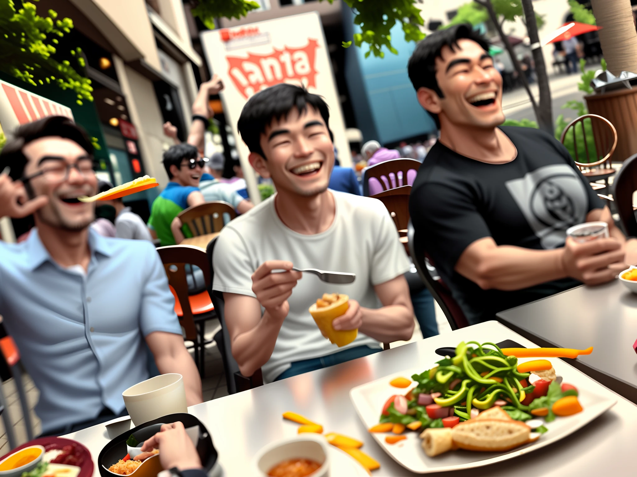 3 men having lunch, laughing