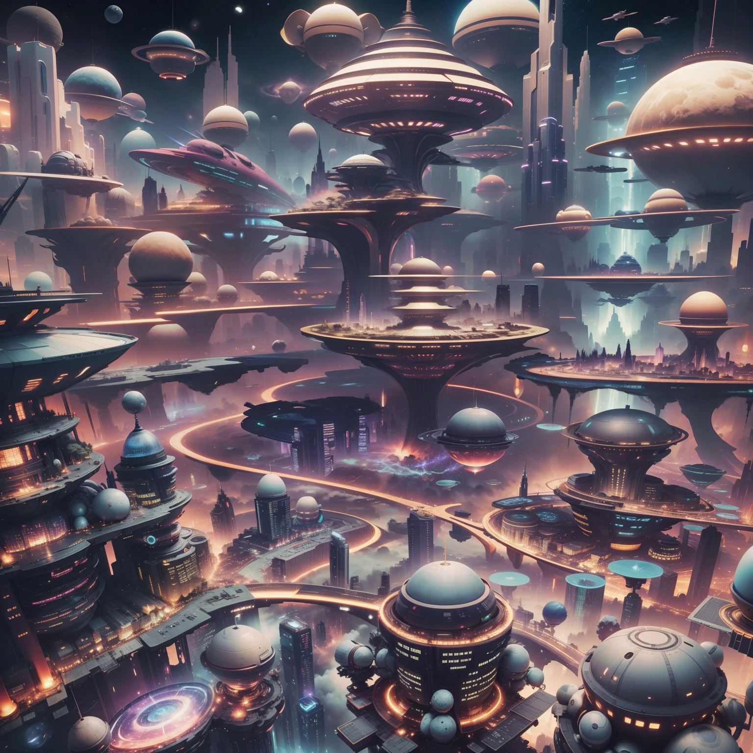 Space City、Futuristic cities、alien、floating in the universe、cyberpunked、skyscrapers line up、A space station、top-quality、​masterpiece、２４century、dream、utopian、planet earth、World of Dreams、Fantasia、𝓡𝓸𝓶𝓪𝓷𝓽𝓲𝓬、Beautiful city