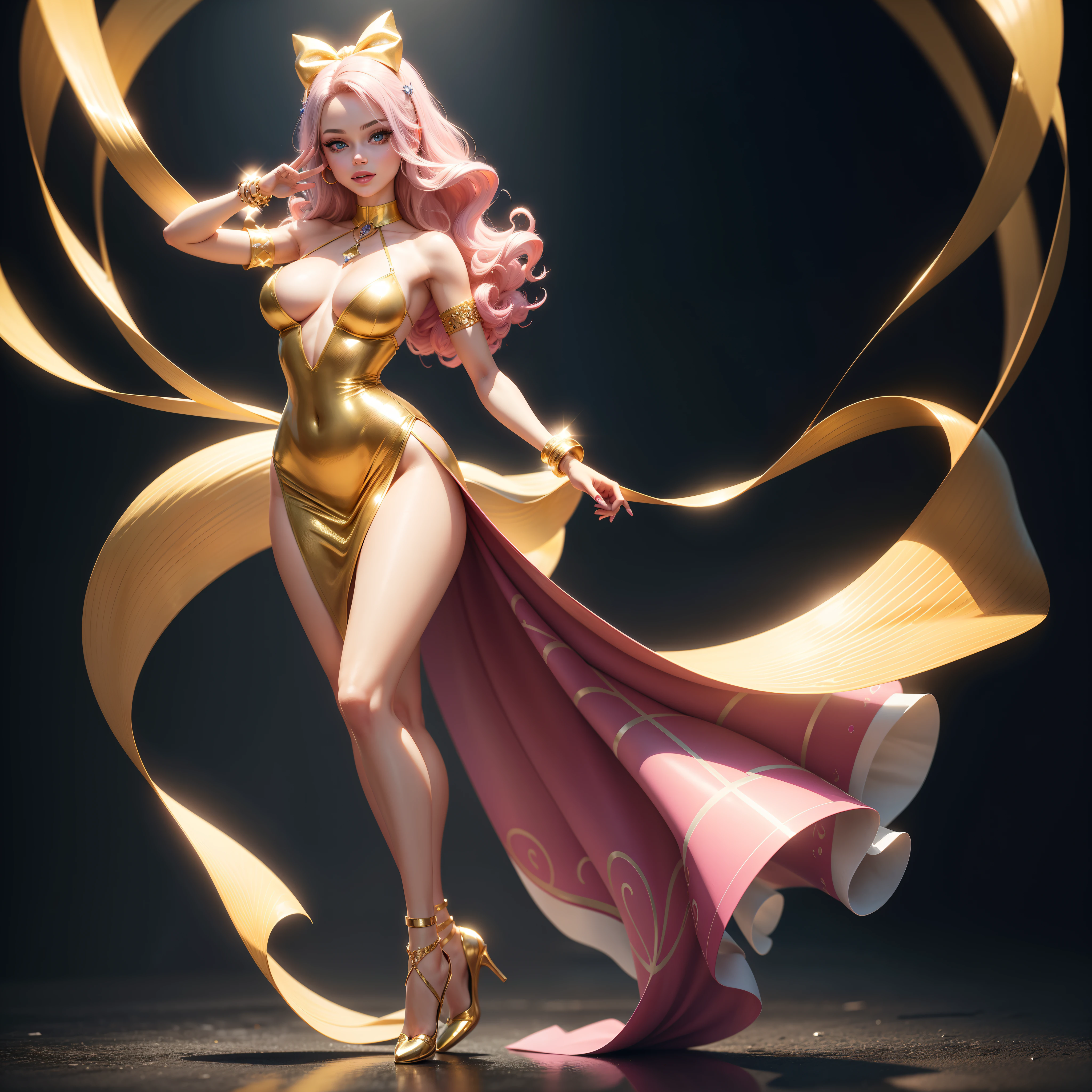 Barbie, ((Full body)), Blue eyes, Smiling face, Hair loss swaying in the wind, Hip Hop Singer Pose, Dressed in hip-hop style, Wear a long gold dress that reflects light,swarovski,pasties,With a pink bow on the arm, Fashion, Extremely high quality, high details, 8K, clean back ground, in studio, ((Full body shot)),Align your fingers neatly,Accurate Hand Modeling,wave her hand,