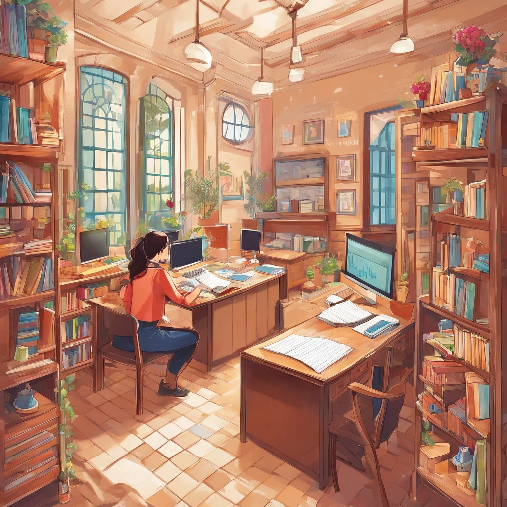 Quality first,masterpiece in detail,A teacher,Several students,Write and read,in class room,fresh flowers,Rich in color