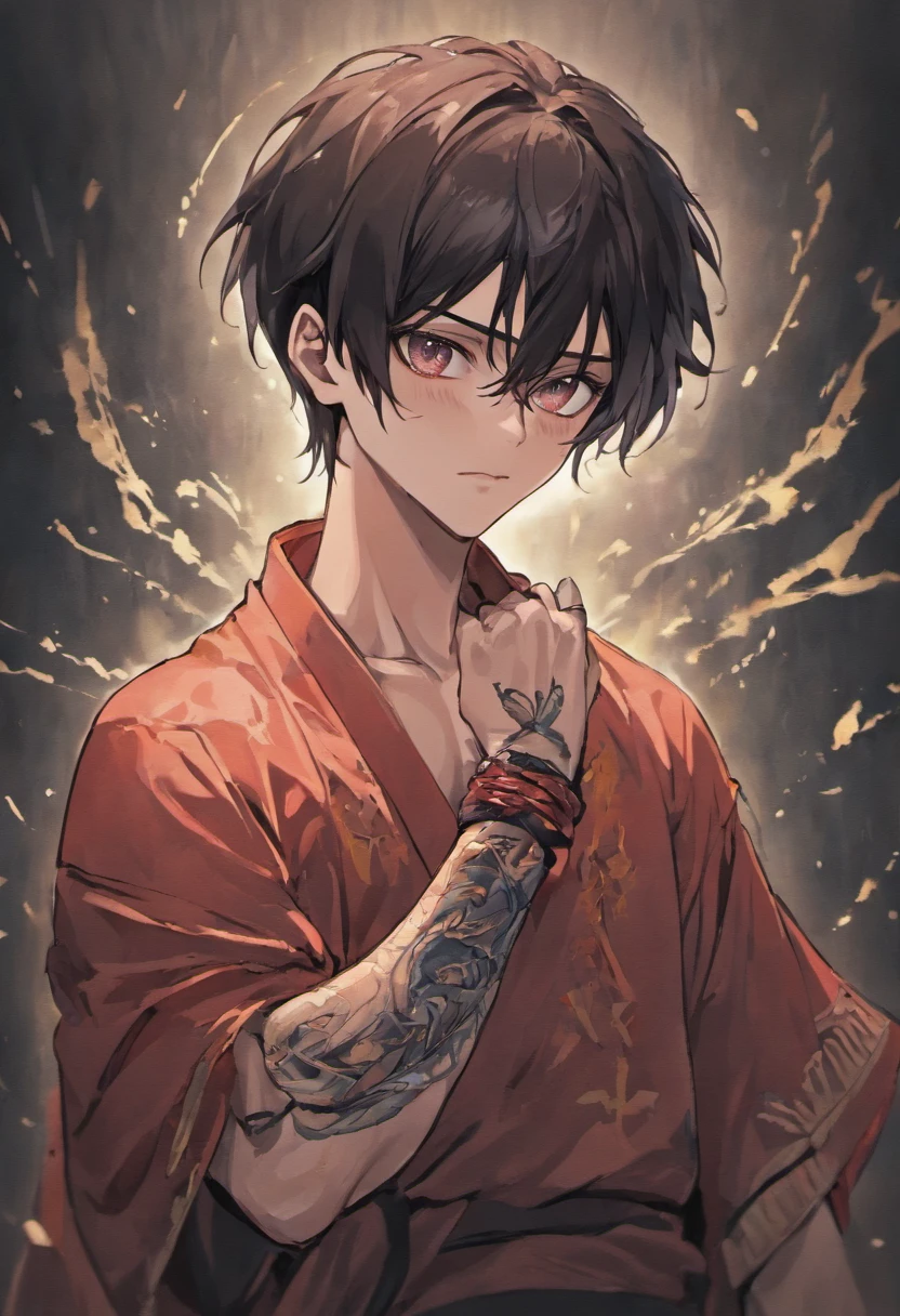 anime man with dark hair and light-colored eyes. He’s a cult leader with tattoos and covered in bandages with a foggy dark background.
