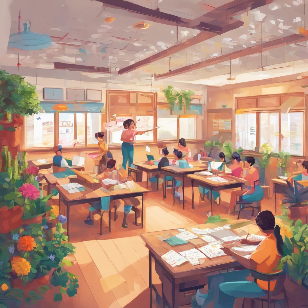Quality first,masterpiece in detail,A teacher,Several students,Write and read,in class room,fresh flowers,Rich in color