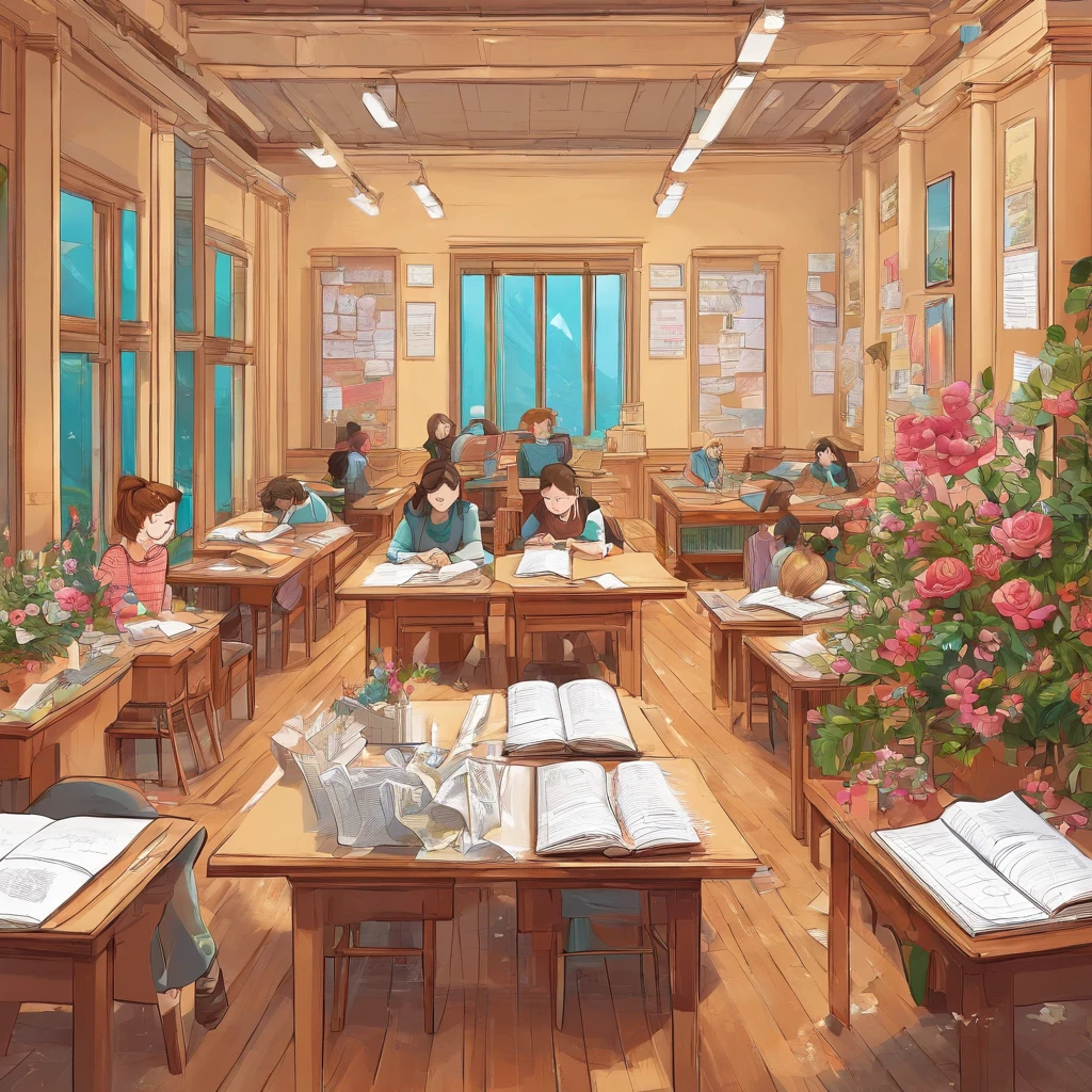 Quality first,masterpiece in detail,A teacher,Several students,Write and read,in class room,fresh flowers,Rich in color