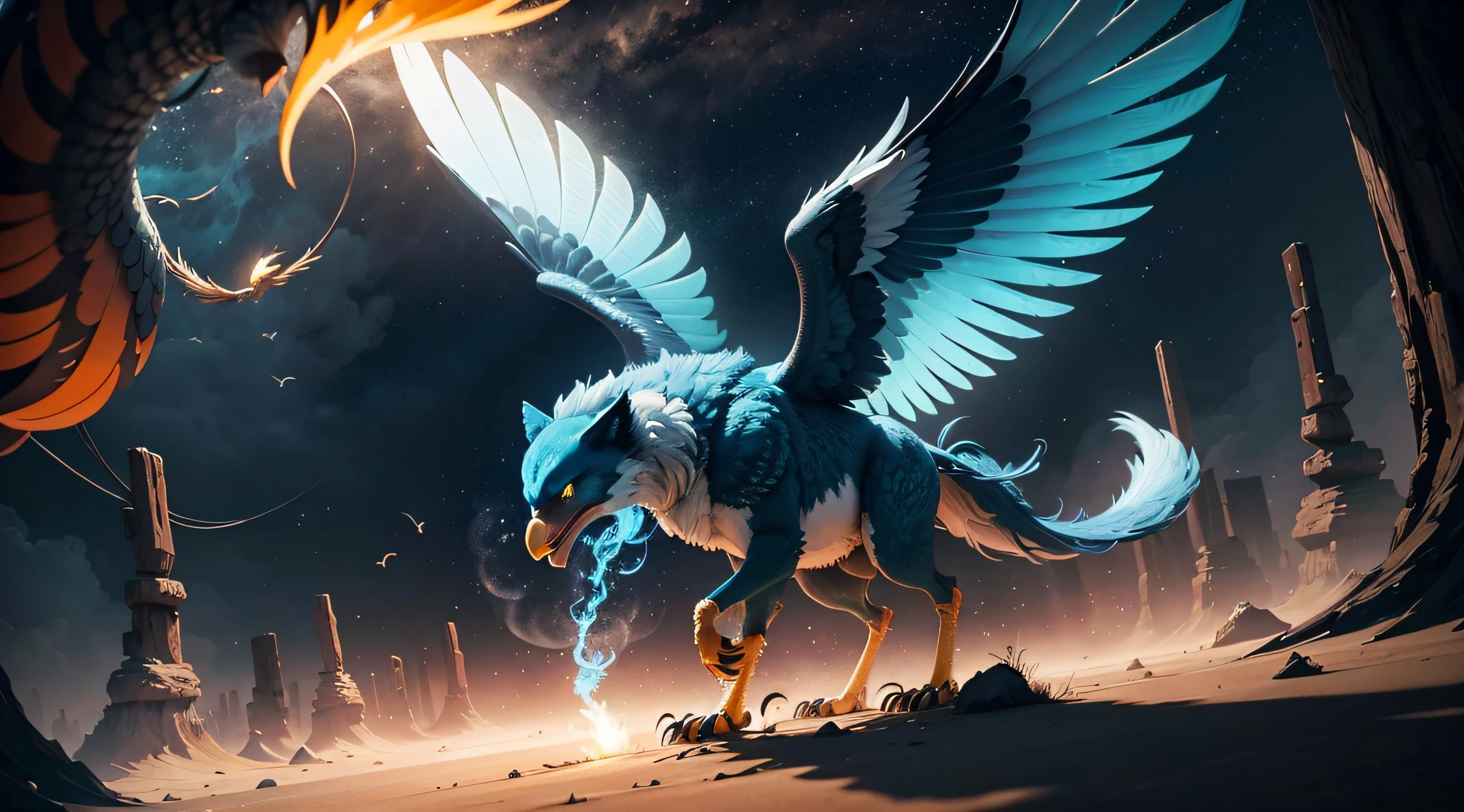 1. Igniflare
Description :
The Fireproofbird is a desert creature whose body is composed of living flames. Its shape evokes that of a majestic fire horse, with a flamboyant mane and glowing eyes. His hooves glow with a golden glow, laissant des empreintes de feu sur le sable.
Pouvoirs :
The Firefighter can control fire and generate swirling flame storms to defend itself or move at high speed through the desert. He can also project fiery flashes from his eyes to blind his enemies..
2. Aérodylle
Description :
The Aerodylle is an aerial creature that looks like a cross between an eagle and a miniature dragon. Its plumage is azure blue with silvery reflections, and its wings twinkle like stars in the sunlight. Its talons are sharp and able to grasp its prey in an instant.
Pouvoirs :
The Aerodylle is a master of the sky, able to fly at impressive altitudes and dive dive at incredible speed to catch prey. It can also control air currents to hover.
3. Lycalimère
Description :
The Lycalimer is a mysterious creature that inhabits the depths of enchanted forests. She looks like a majestic wolf, mais son pelage est d'un vert profond, presque luminescent. His eyes are a sparkling blue, et des motifs floraux s'enroulent autour de son corps.
Pouvoirs :
Lycalimer has the power to manipulate nature itself. It can grow plants at will, creating vines to move around or impenetrable bushes to hide. She can also guide the spirits of the forest to help her in her quest..
You can now use these descriptions to create a mental image of this fantastic scene and imagine how these creatures would interact in their environment.. Ensuite, you can collaborate with an AI or artist to bring that scene to life --auto