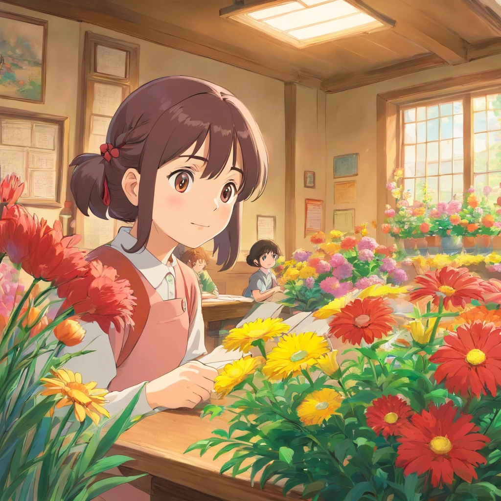 Quality first,masterpiece in detail,A teacher,Several students,Write and read,in class room,fresh flowers,Rich in color