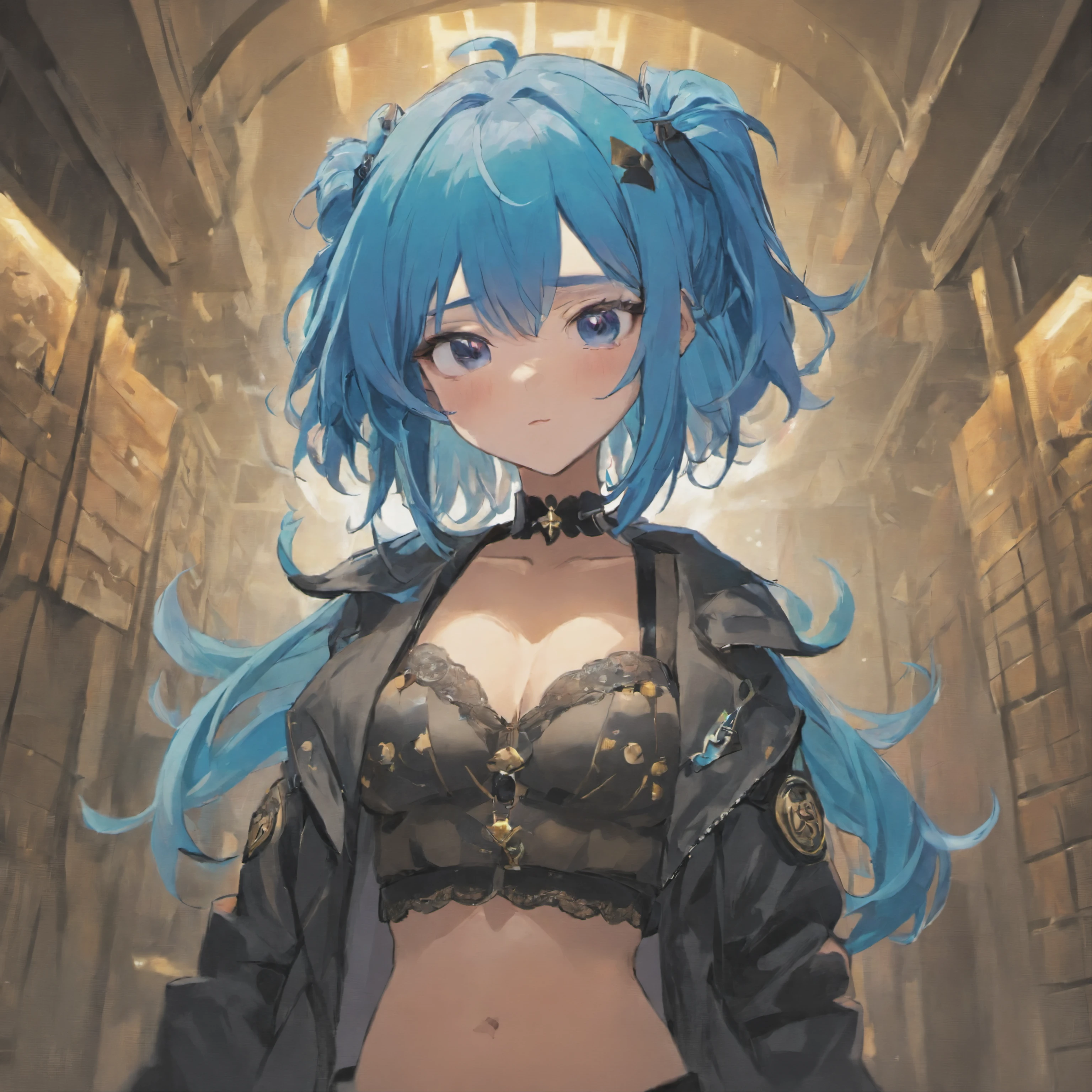 ((Best Quality)), ((Masterpiece)), ((Realistic)) and ultra-detailed photography of a 1nerdy girl with goth . She has ((blue hair)), wears a army jacket and exudes a vibe ((beautiful and aesthetic)), sexy, underboobs, hot