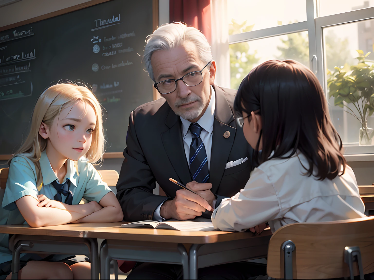 In bright classrooms，（An older male teacher discusses issues with two elementary school students wearing school uniforms：1.5），Two schoolchildren quarrel with each other，The teacher's face is full of the vicissitudes of time，Full of silver hair，Watch your classmates smile toothyly，The blackboard behind him was full of formulas，Sunlight shines through the window on the teacher's face，((Best quality, A high resolution, Masterpiece:1.2)), Clear facial features, Optimized details,8K,cinematic Film still from.