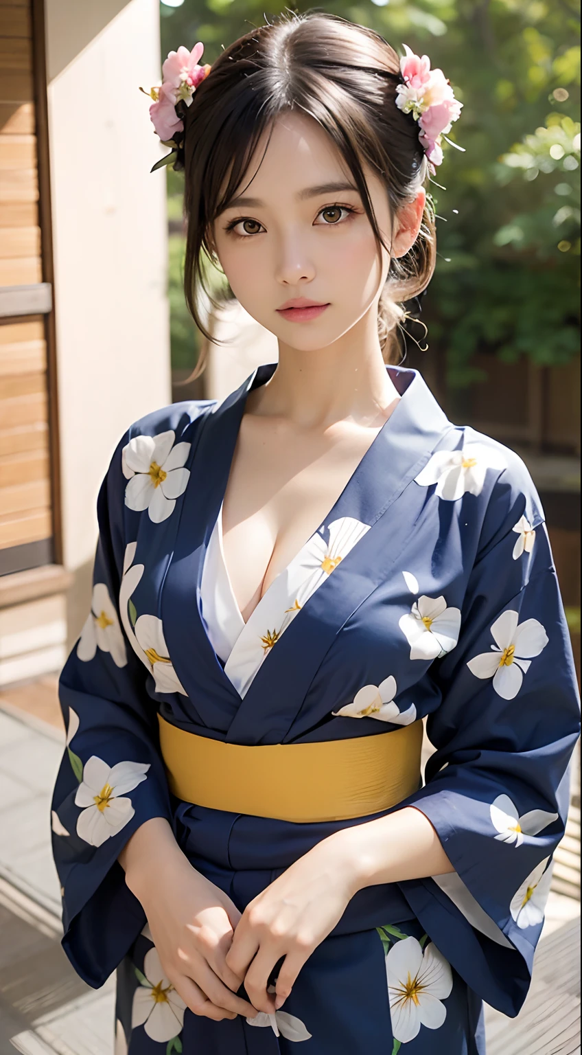 ((​masterpiece、top-quality、ultra-definition、hight resolution))、独奏、a beauty girl、radiant eyes、perfect  eyes、Japan's beautiful sister、Large yukata、pronounced cleavage、Yukata with red floral pattern、Background is the toilet in the apartment、high-level image quality、4K. Erotic eyes、Suzu Hirose、squatting