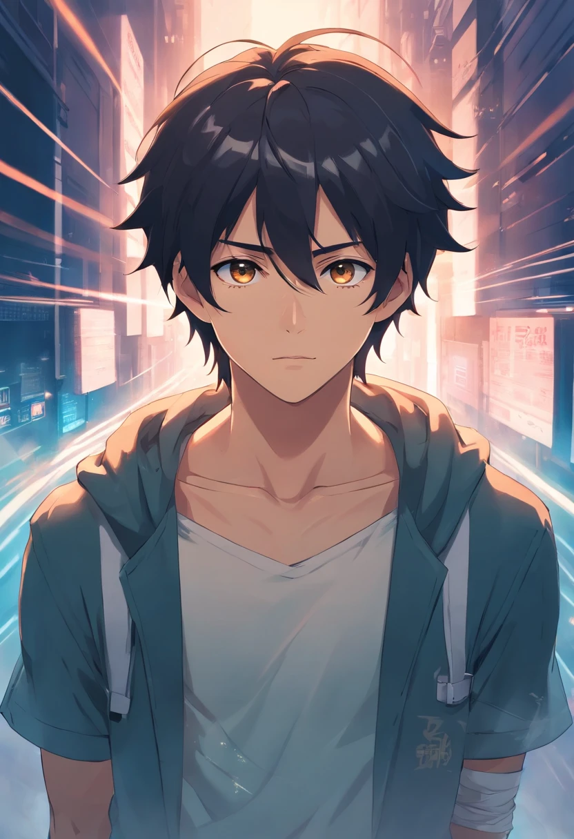 anime man with dark hair and light-colored eyes. He’s a cult leader with tattoos and covered in bandages with a foggy dark background.
