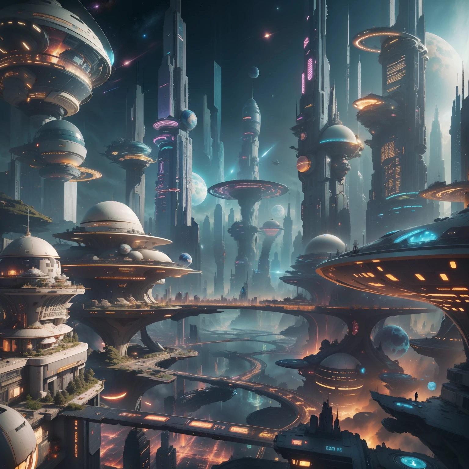 Space City、Futuristic cities、alien、floating in the universe、cyberpunked、skyscrapers line up、A space station、top-quality、masterpiece、24century、dream、utopian、planet earth、World of Dreams、Fantasia、𝓡𝓸𝓶𝓪𝓷𝓽𝓲𝓬、Beautiful city