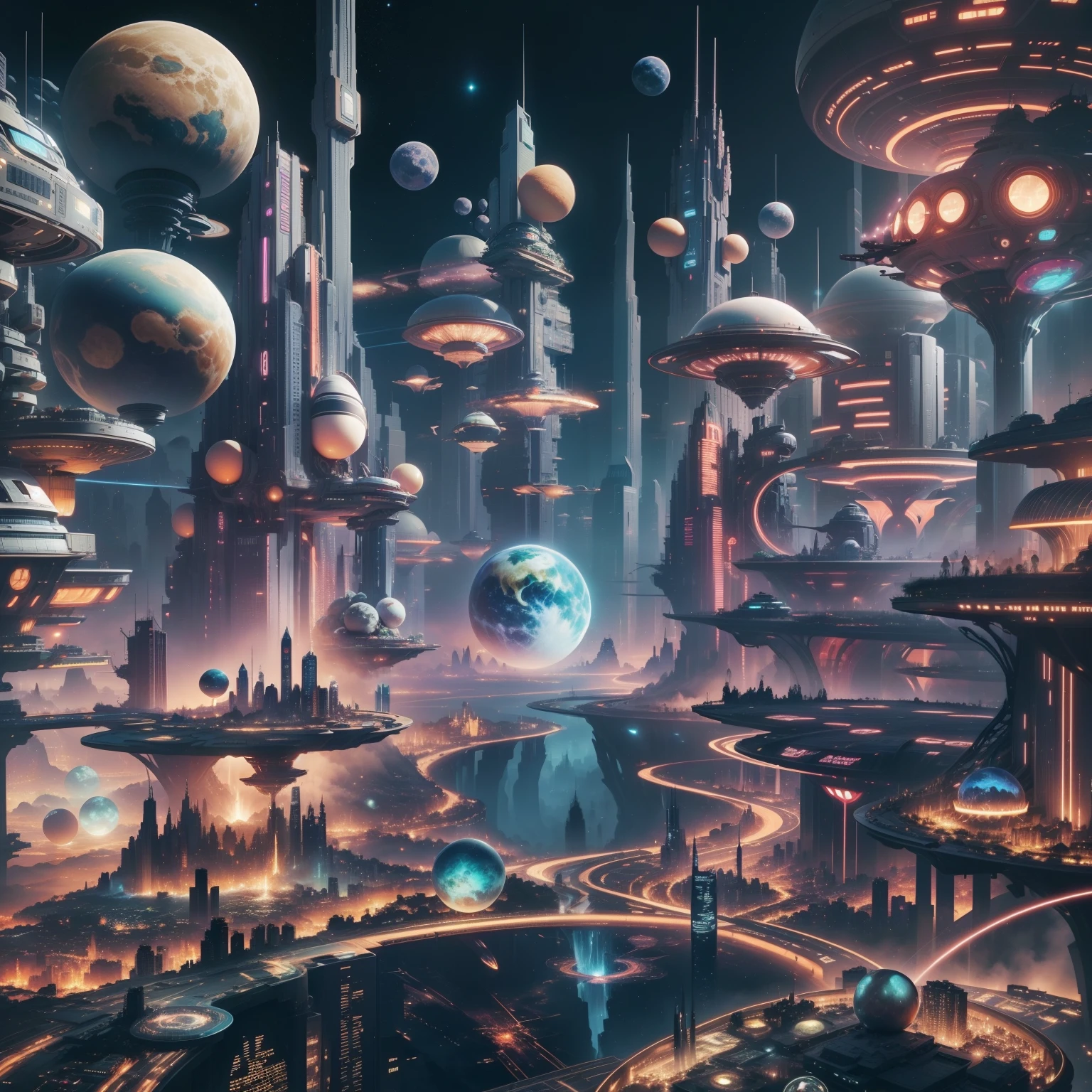 Space City、Futuristic cities、alien、floating in the universe、cyberpunked、skyscrapers line up、A space station、top-quality、masterpiece、24century、dream、utopian、planet earth、World of Dreams、Fantasia、𝓡𝓸𝓶𝓪𝓷𝓽𝓲𝓬、Beautiful city